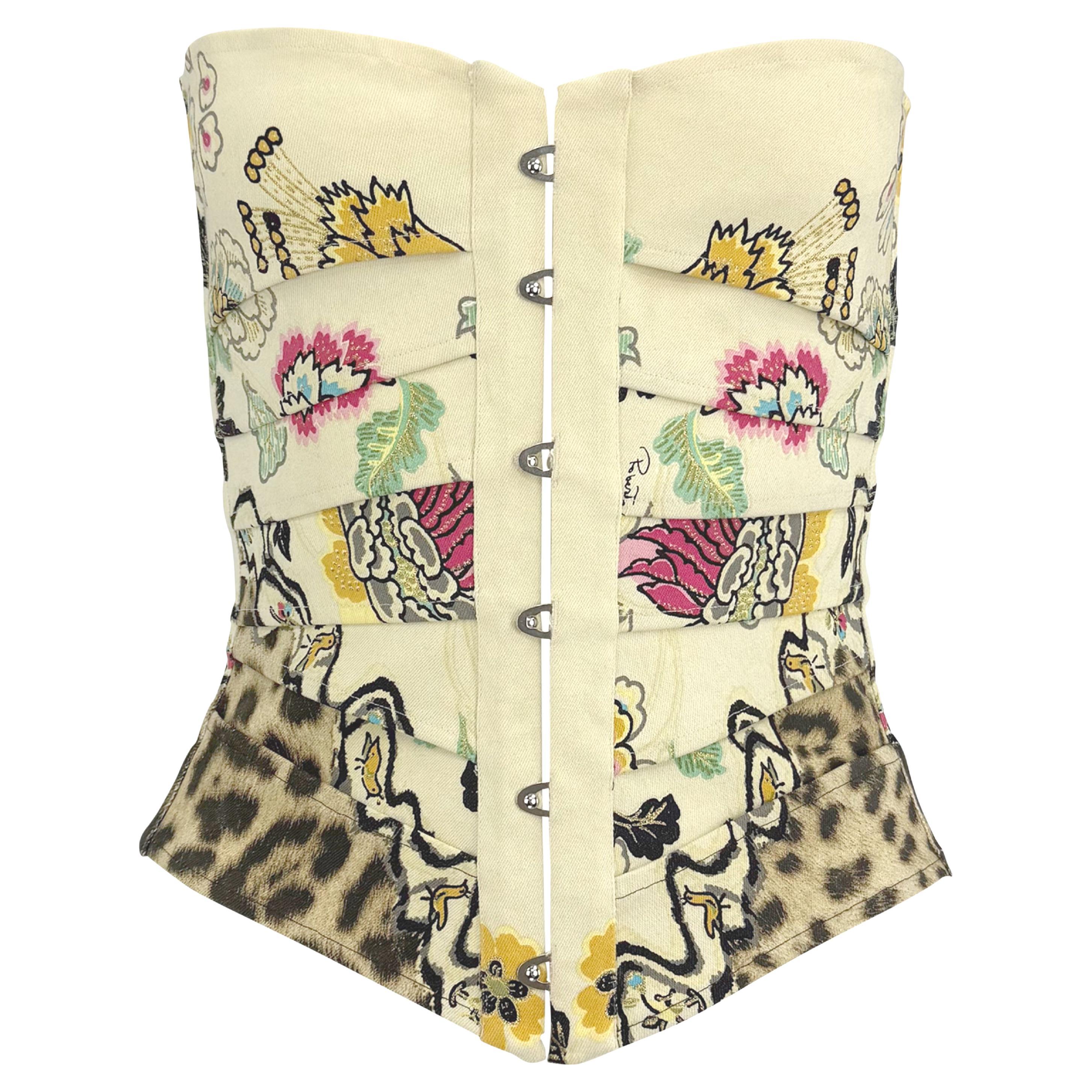 S/S 2003 Roberto Cavalli Chinoiserie Print Creme Lace-Up Corset Top For Sale
