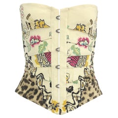 S/S 2003 Roberto Cavalli Chinoiserie Print Creme Lace-Up Corset Top
