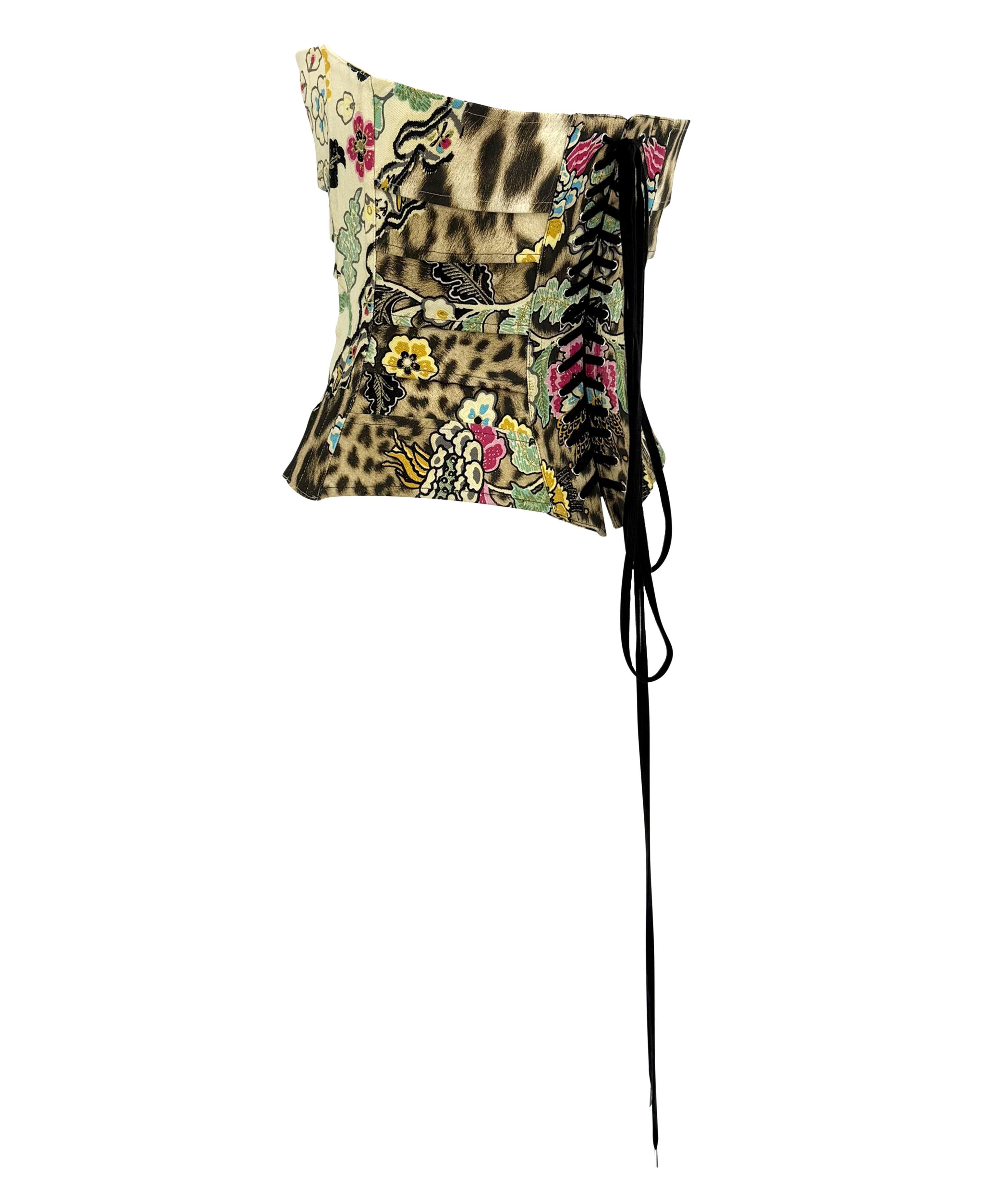 Beige S/S 2003 Roberto Cavalli Chinoiserie Print Creme Lace-Up Corset Top For Sale