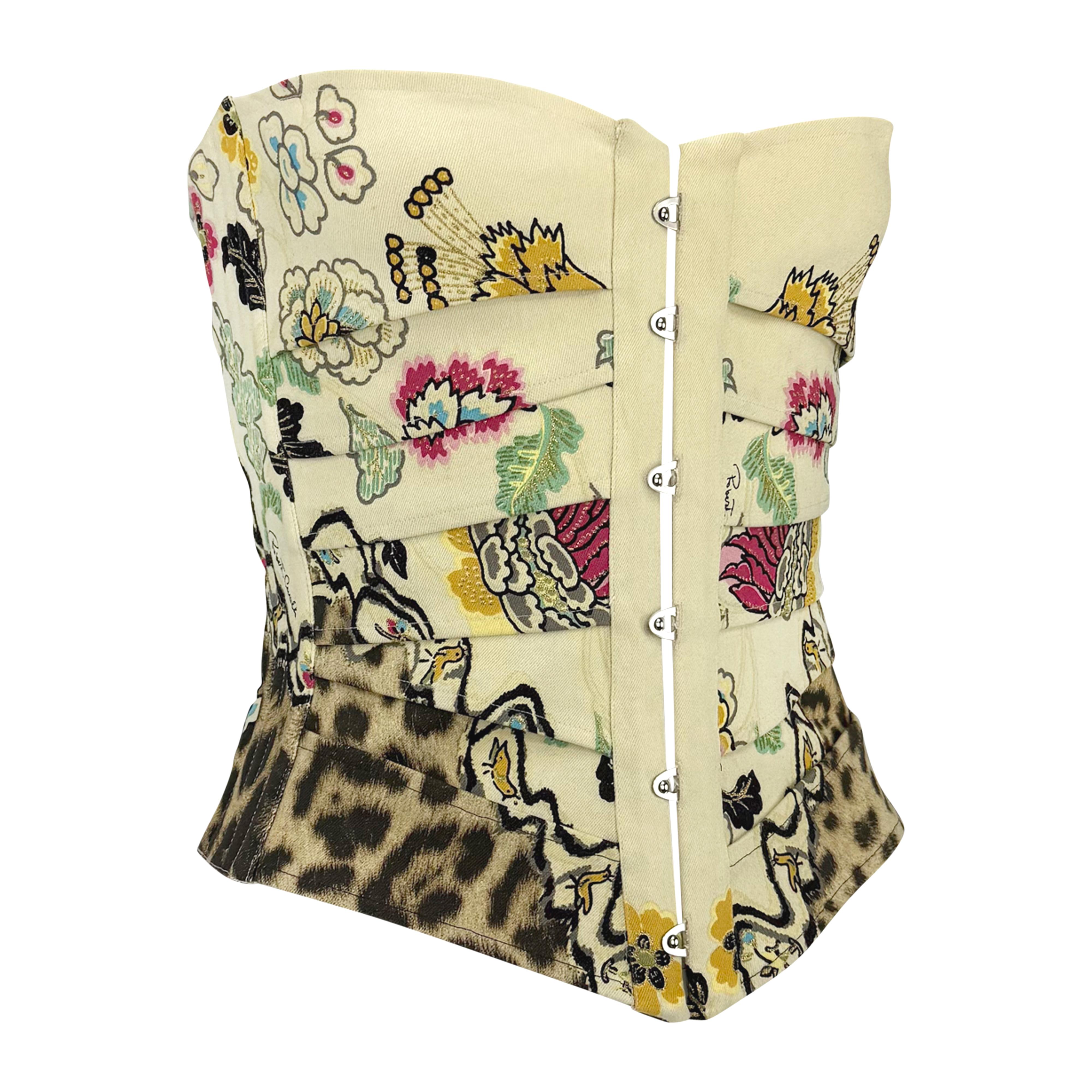 S/S 2003 Roberto Cavalli Chinoiserie Print Creme Lace-Up Corset Top For Sale 1