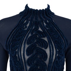 1990s Thierry Mugler Velvet Devoré Faux Cable-Knit Navy Blue Bodycon Gown S