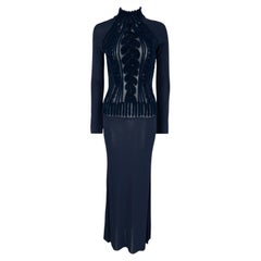 1990s Thierry Mugler Velvet Devoré Faux Cable-Knit Navy Blue Bodycon Gown S