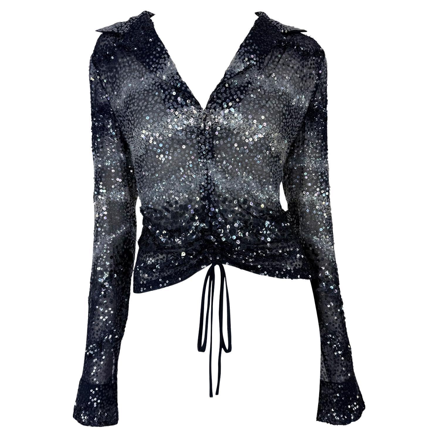 Black S/S 2000 Randolph Duke Runway Sequin Sheer Tie Dye Drawsting Plunging Crop Top For Sale