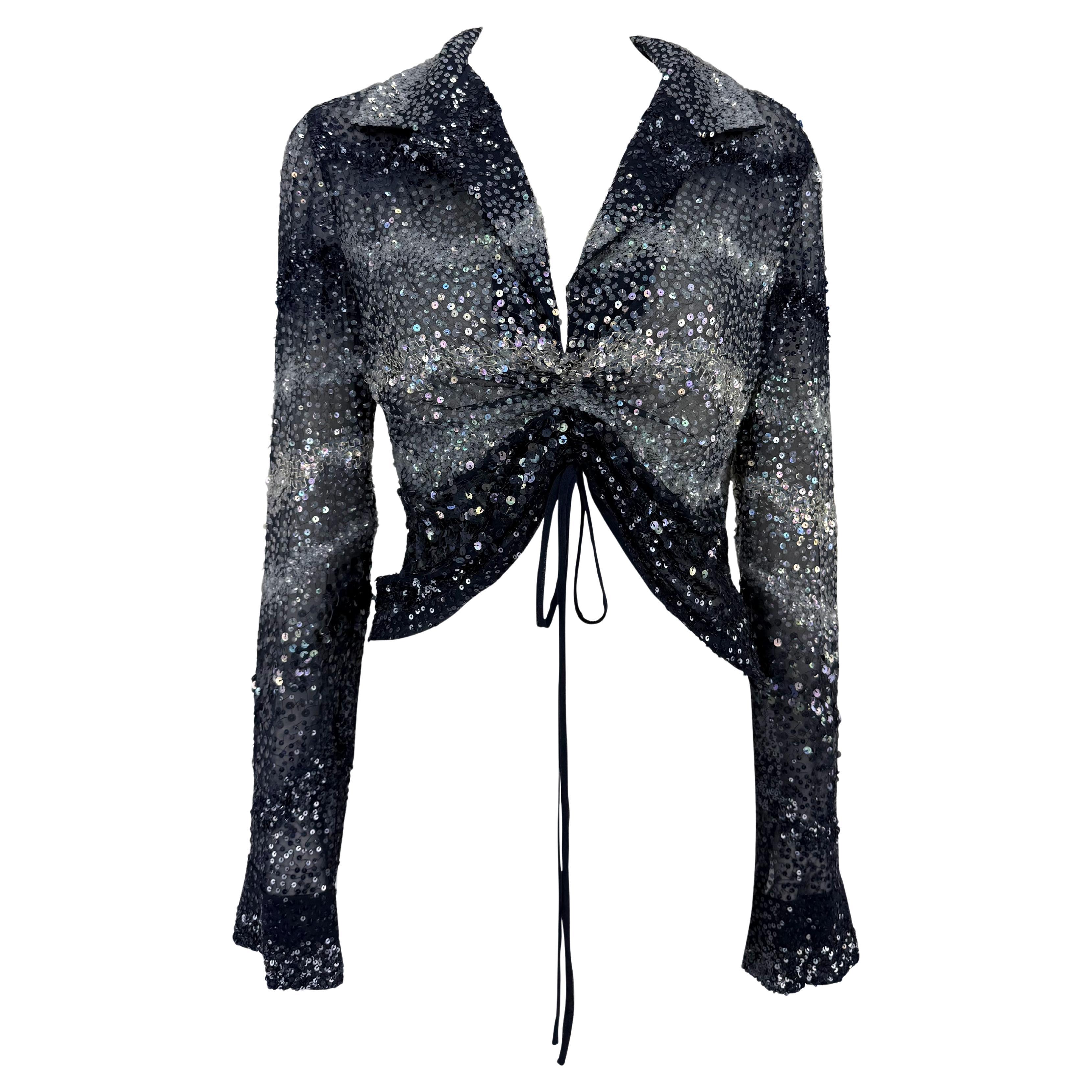 S/S 2000 Randolph Duke Runway Sequin Sheer Tie Dye Drawsting Plunging Crop Top For Sale
