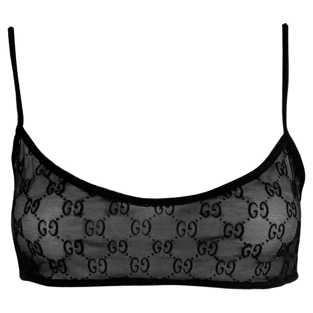 S/S 1998 Gucci by Tom Ford Runway Sheer Black Mesh Velvet GG Crop Top Bralette in vendita