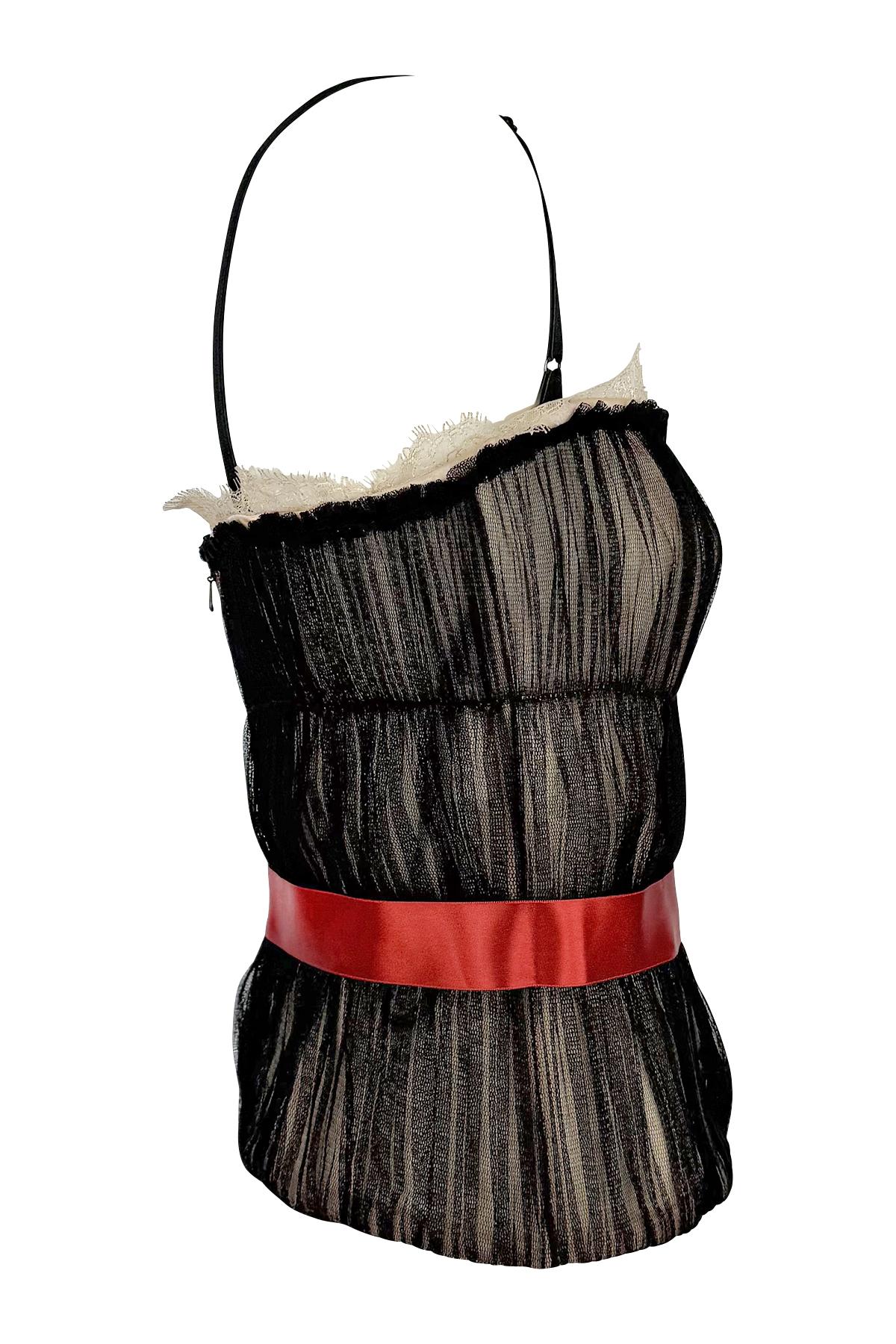 Dolce & Gabbana - P/E 2006 - Top bustier disossato con corsetto in tulle nero trasparente e fiocco rosso in vendita 2
