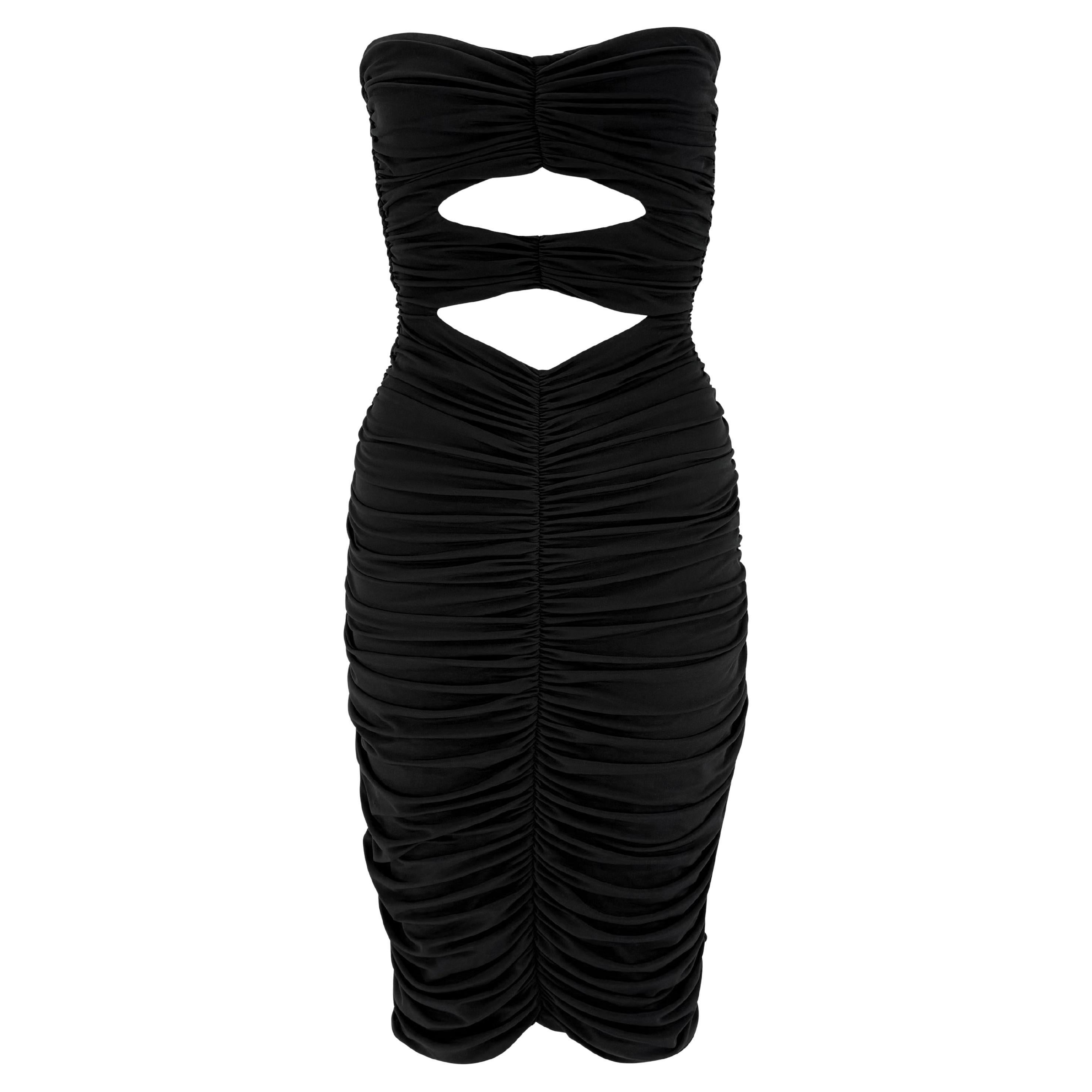 S/S 1991 Norma Kamali Black Bodycon Double Cutout Ruched Strapless Dress