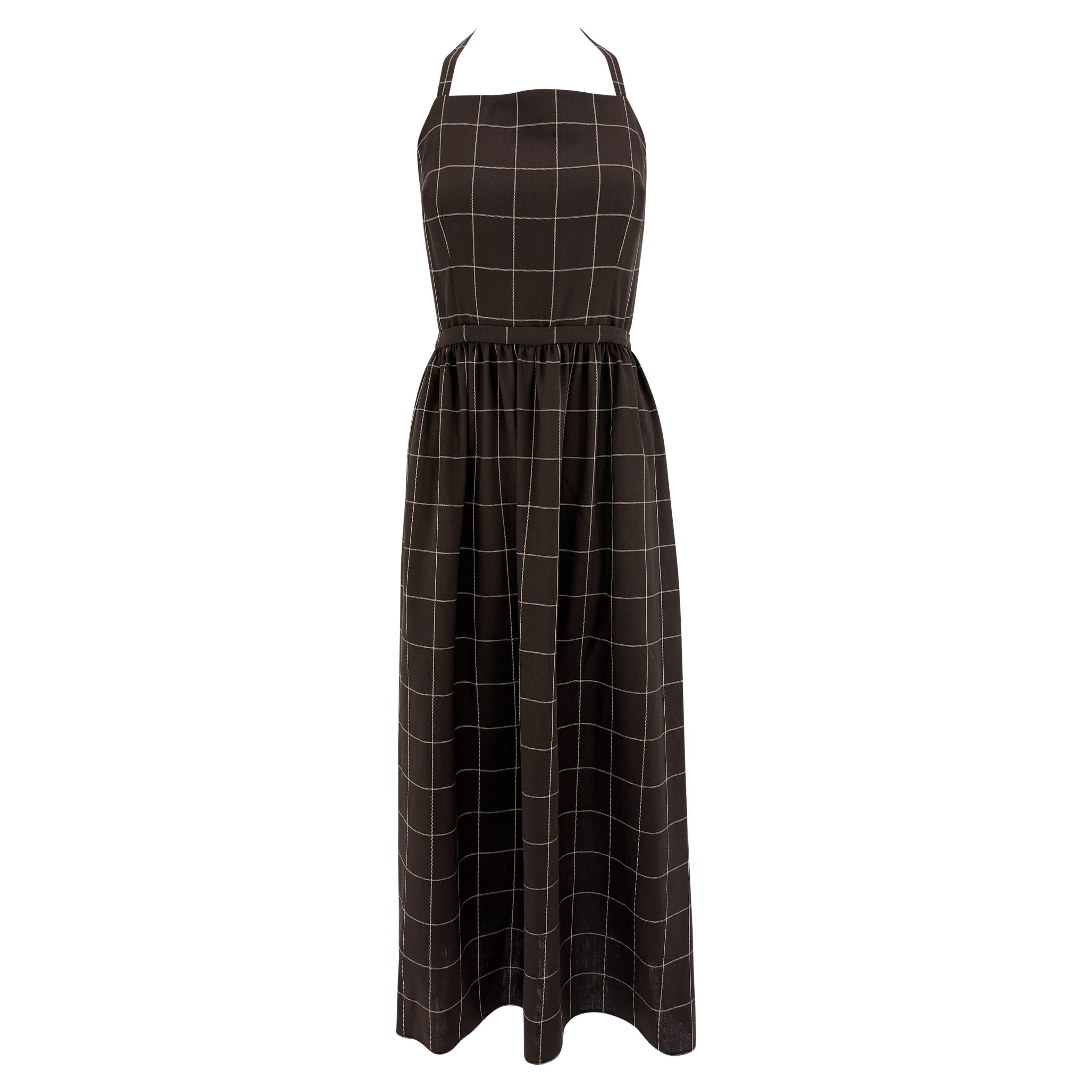 1990 Ralph Lauren Brown Wool Window Pane Backless Wrap Apron-Style Maxi Dress en vente