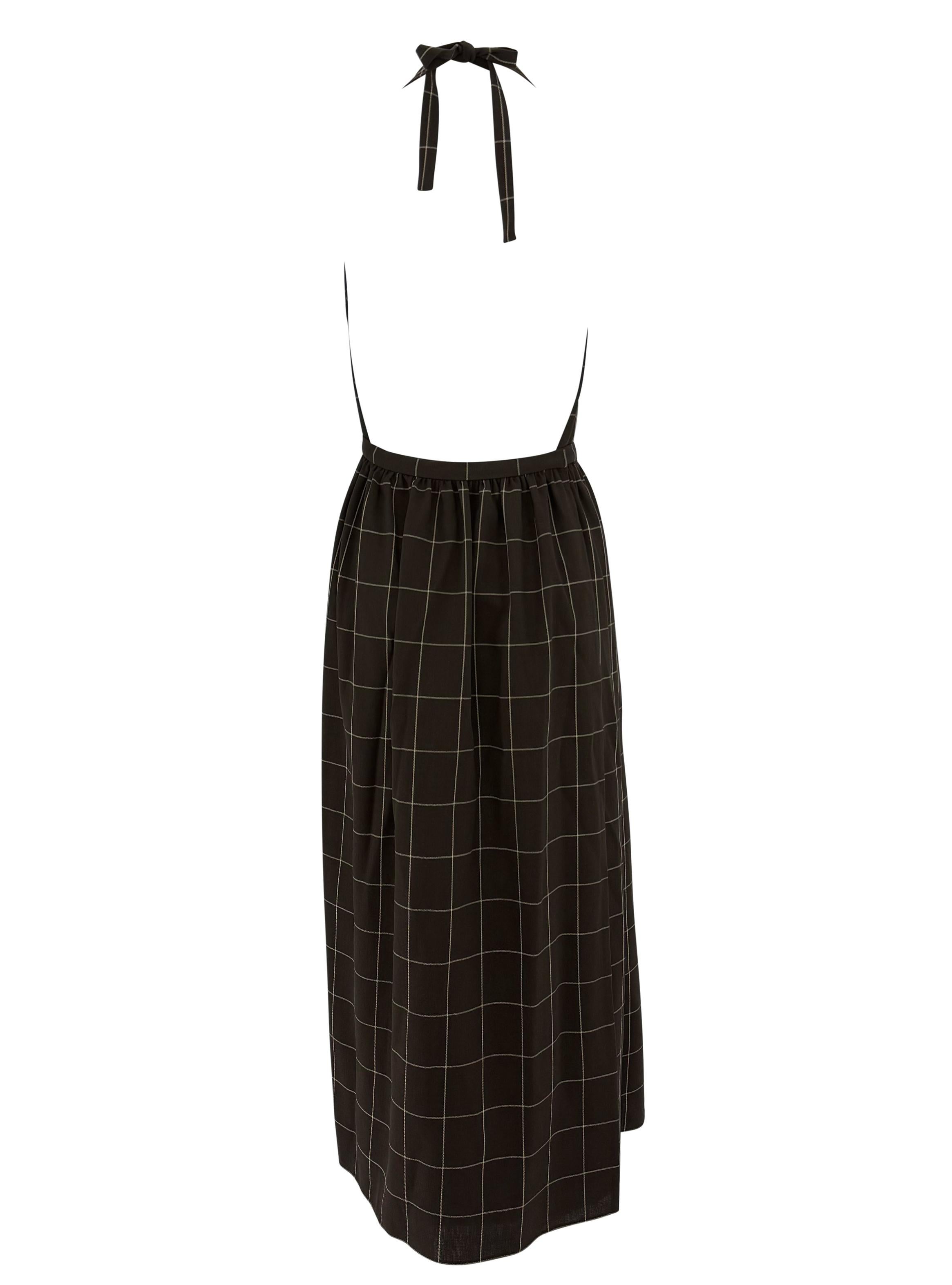 1990 Ralph Lauren Brown Wool Window Pane Backless Wrap Apron-Style Maxi Dress Excellent état - En vente à West Hollywood, CA