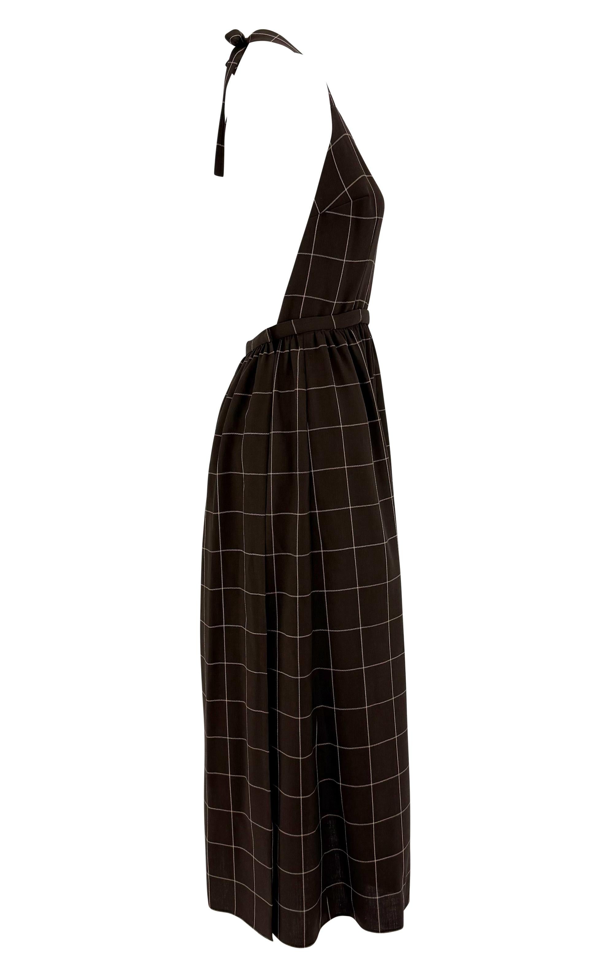 1990 Ralph Lauren Brown Wool Window Pane Backless Wrap Apron-Style Maxi Dress Pour femmes en vente