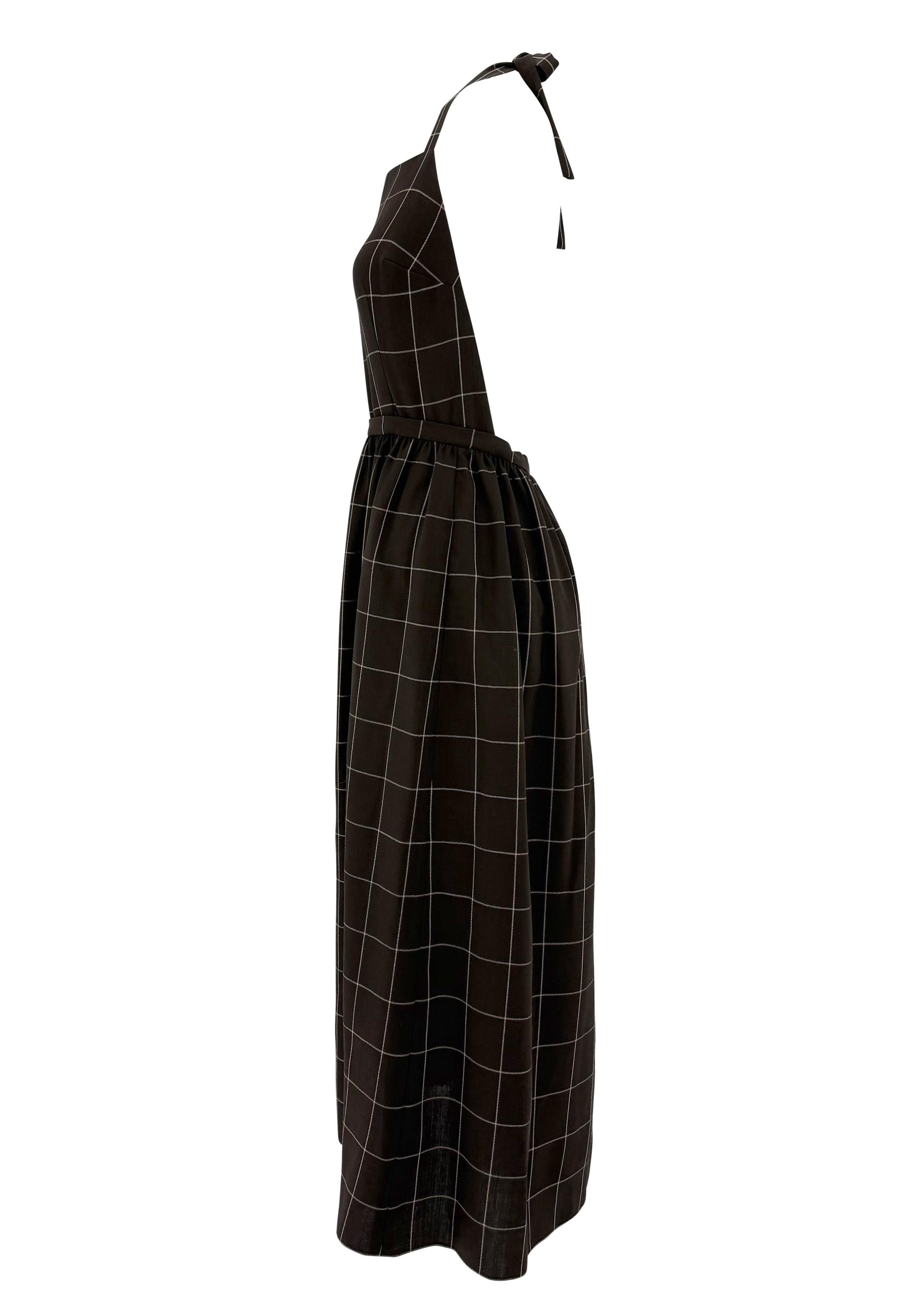 Noir 1990 Ralph Lauren Brown Wool Window Pane Backless Wrap Apron-Style Maxi Dress en vente