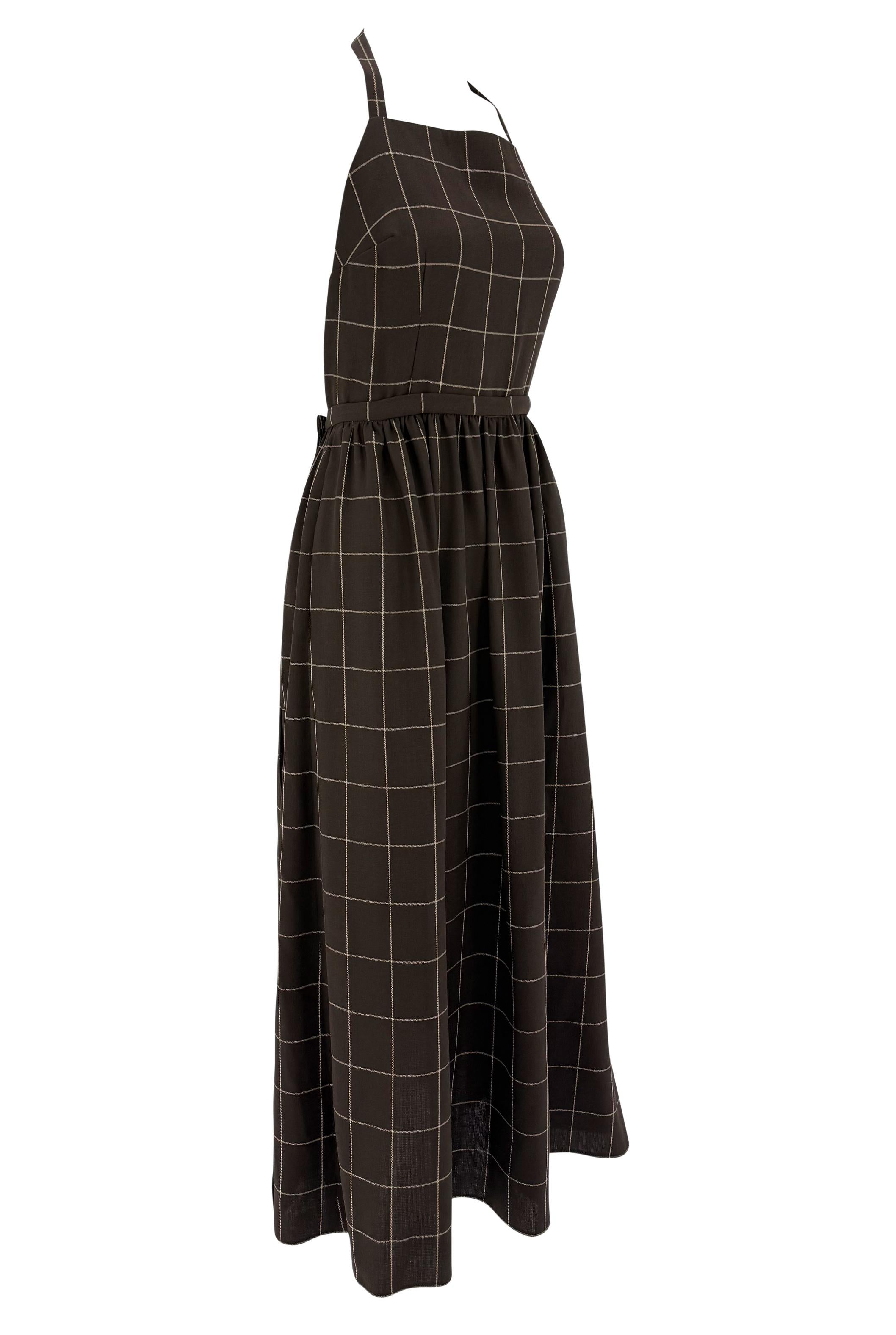 1990 Ralph Lauren Brown Wool Window Pane Backless Wrap Apron-Style Maxi Dress en vente 1