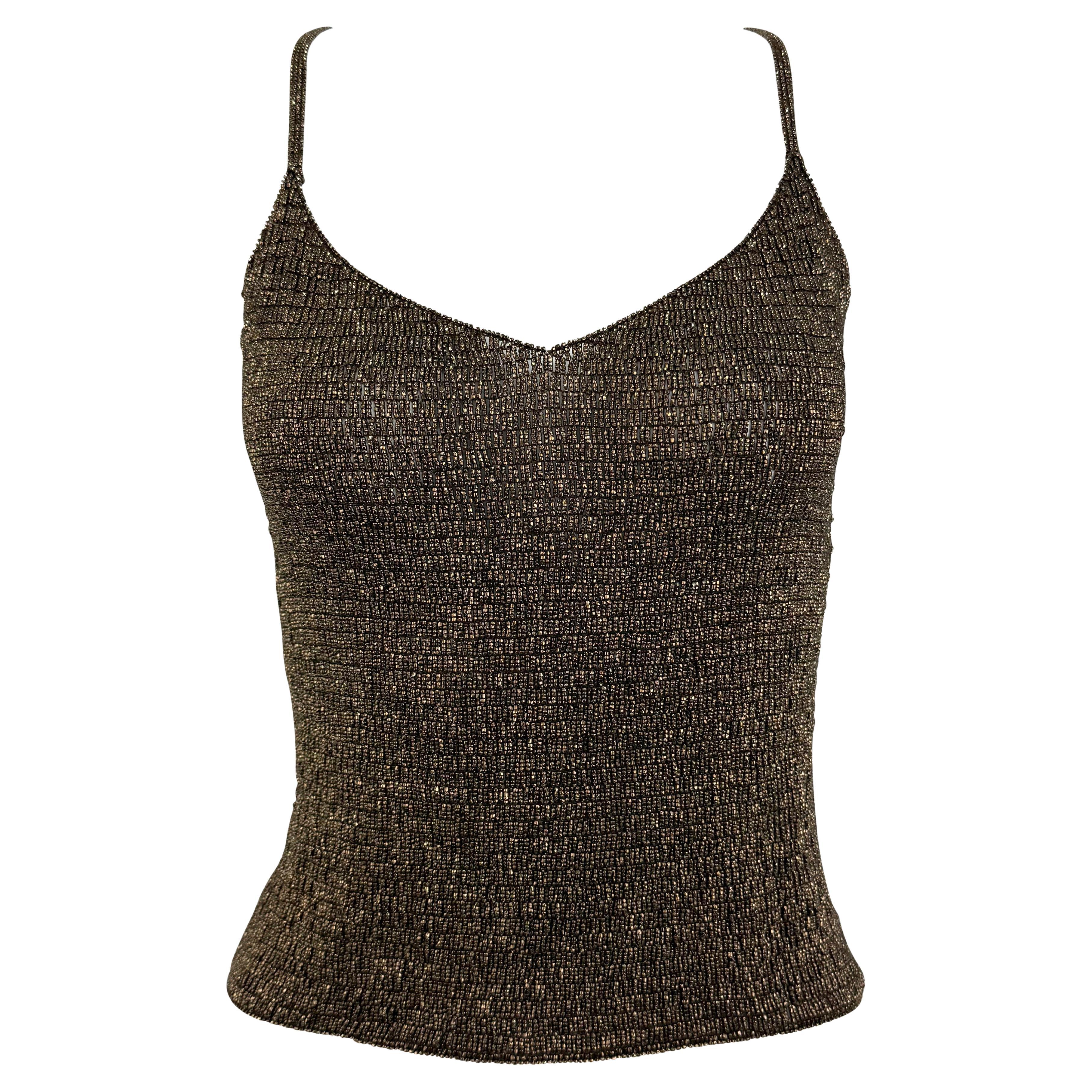 A/I 2000 Ralph Lauren - Canotta Cami in maglia trasparente con perline in bronzo in vendita
