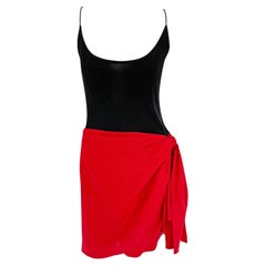 S/S 1991 Donna Karan Runway Black Bodysuit Red Linen Wrap Skirt Mini Dress