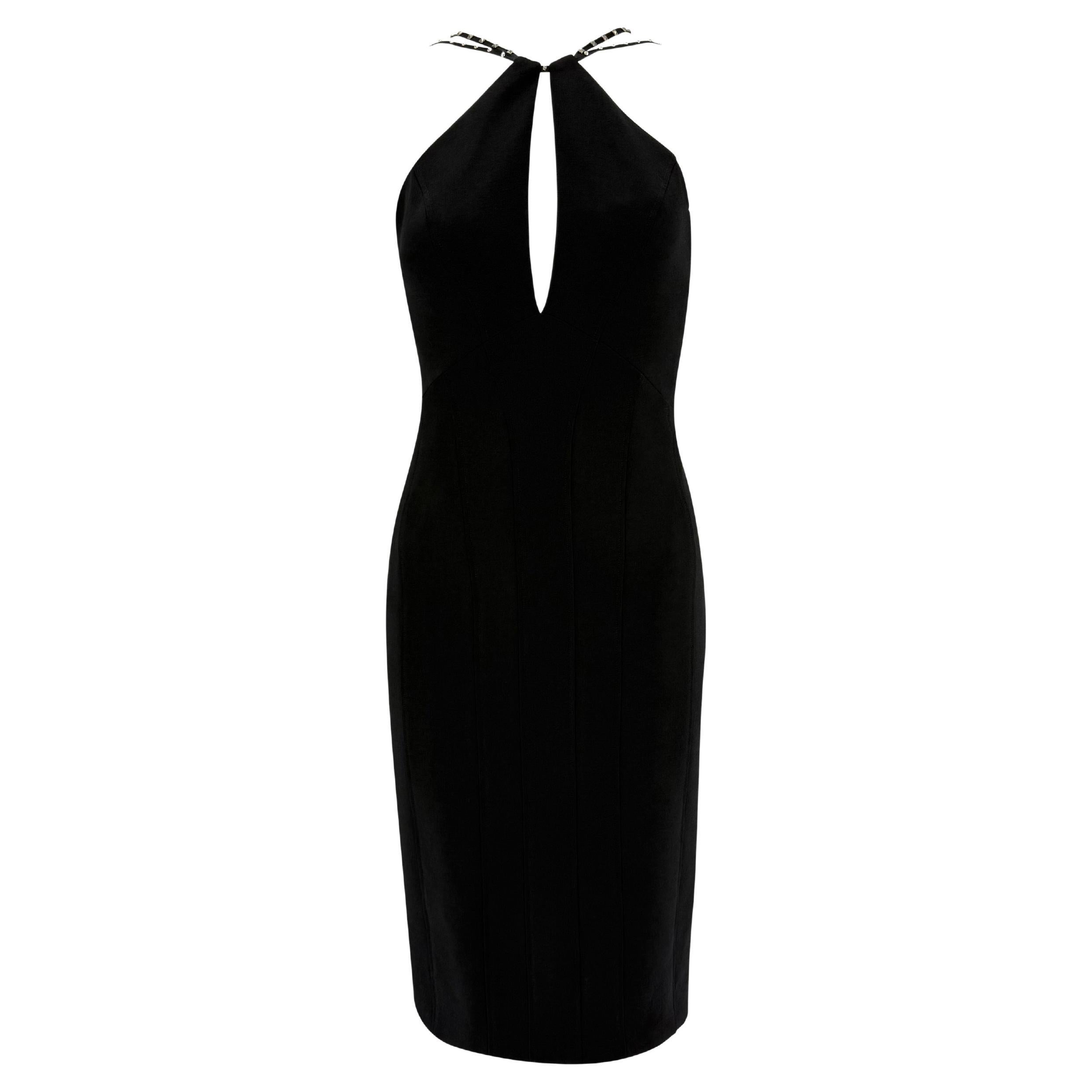 NWT F/W 2004 Versace by Donatella Runway Schwarzes Bleistiftkleid aus Wolle mit Nieten