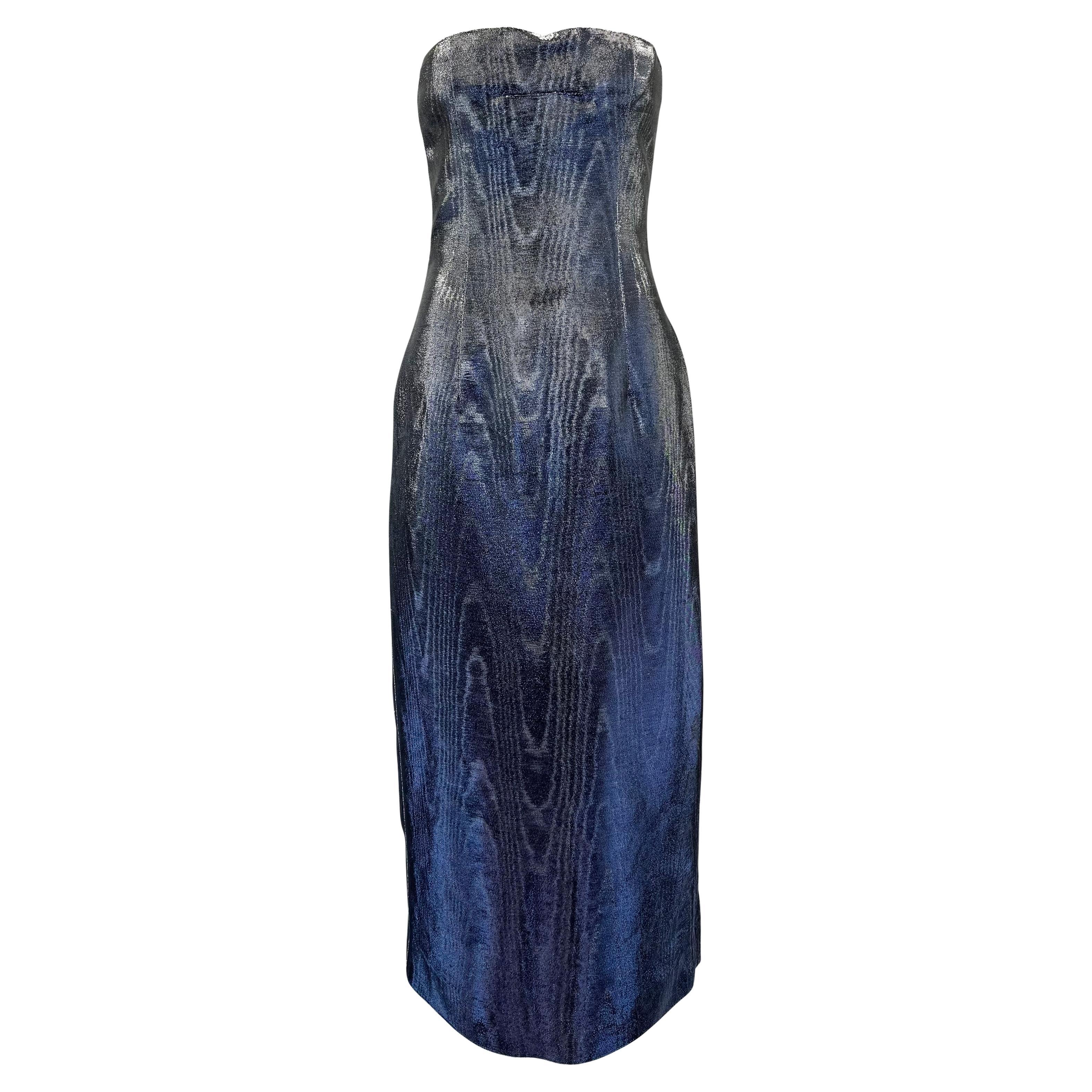 A/I 2001 Chloé by Stella McCartney Vestito senza spalline in moiré metallizzato blu argento in vendita