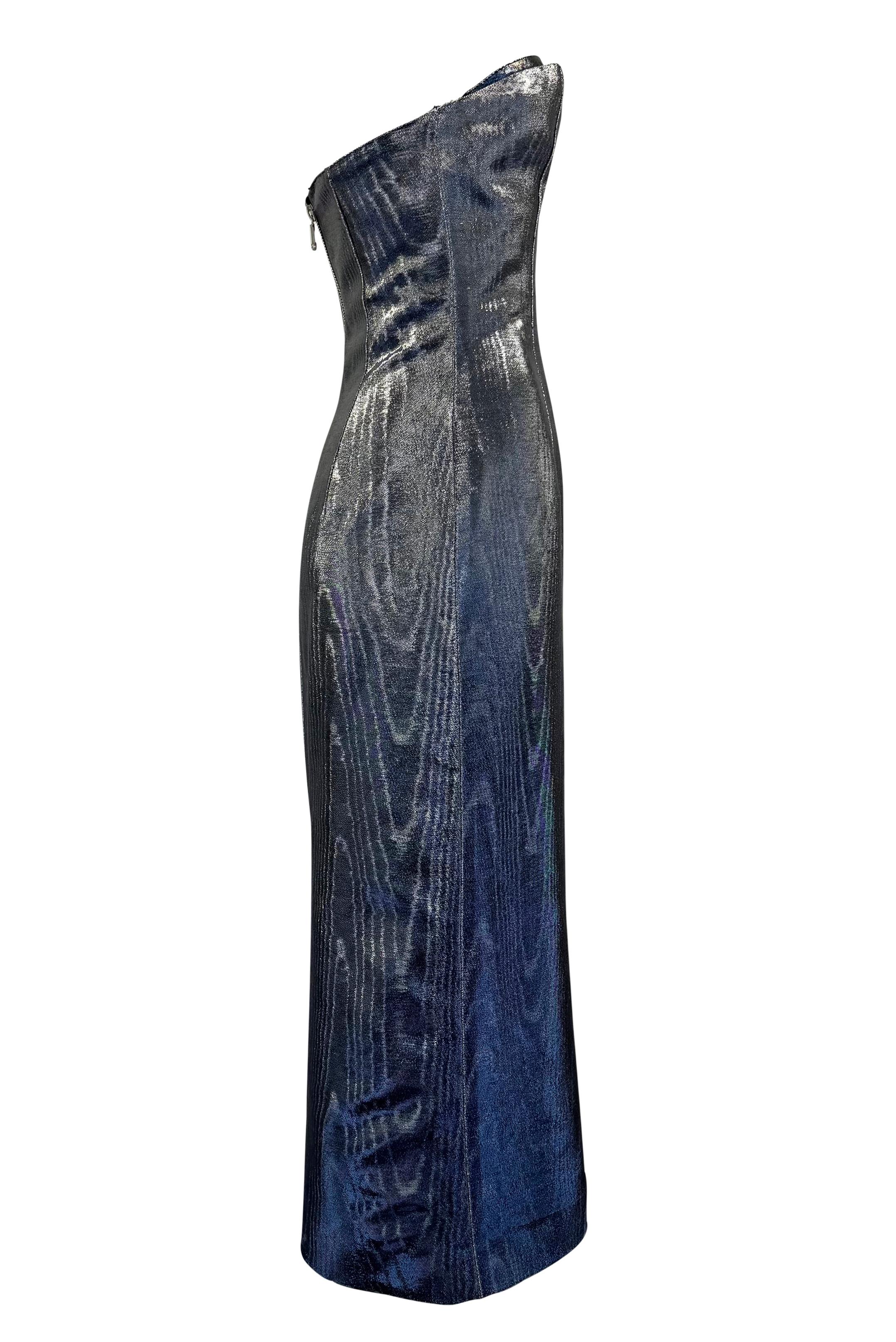 A/I 2001 Chloé by Stella McCartney Vestito senza spalline in moiré metallizzato blu argento in vendita 1