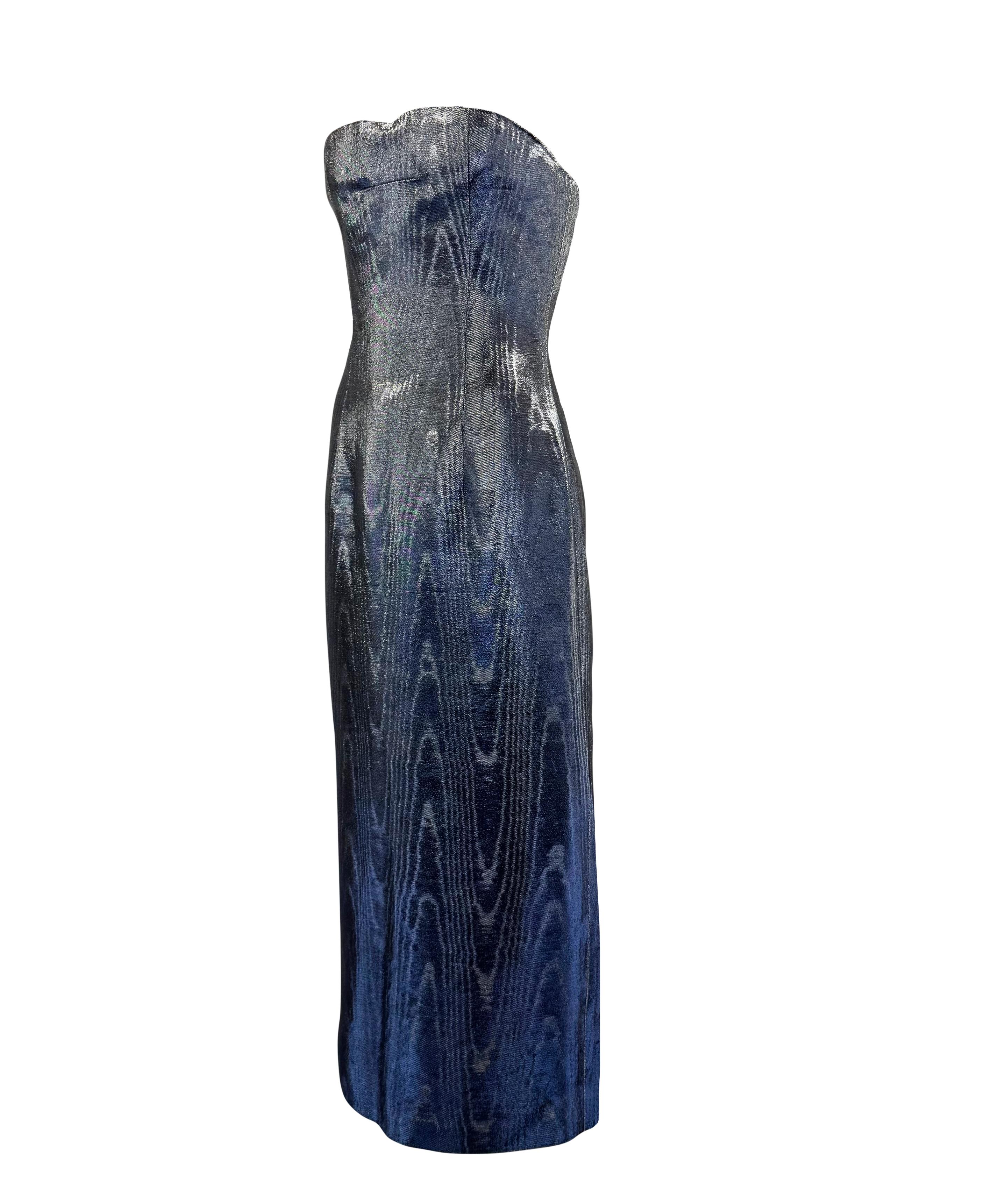 Viola A/I 2001 Chloé by Stella McCartney Vestito senza spalline in moiré metallizzato blu argento in vendita