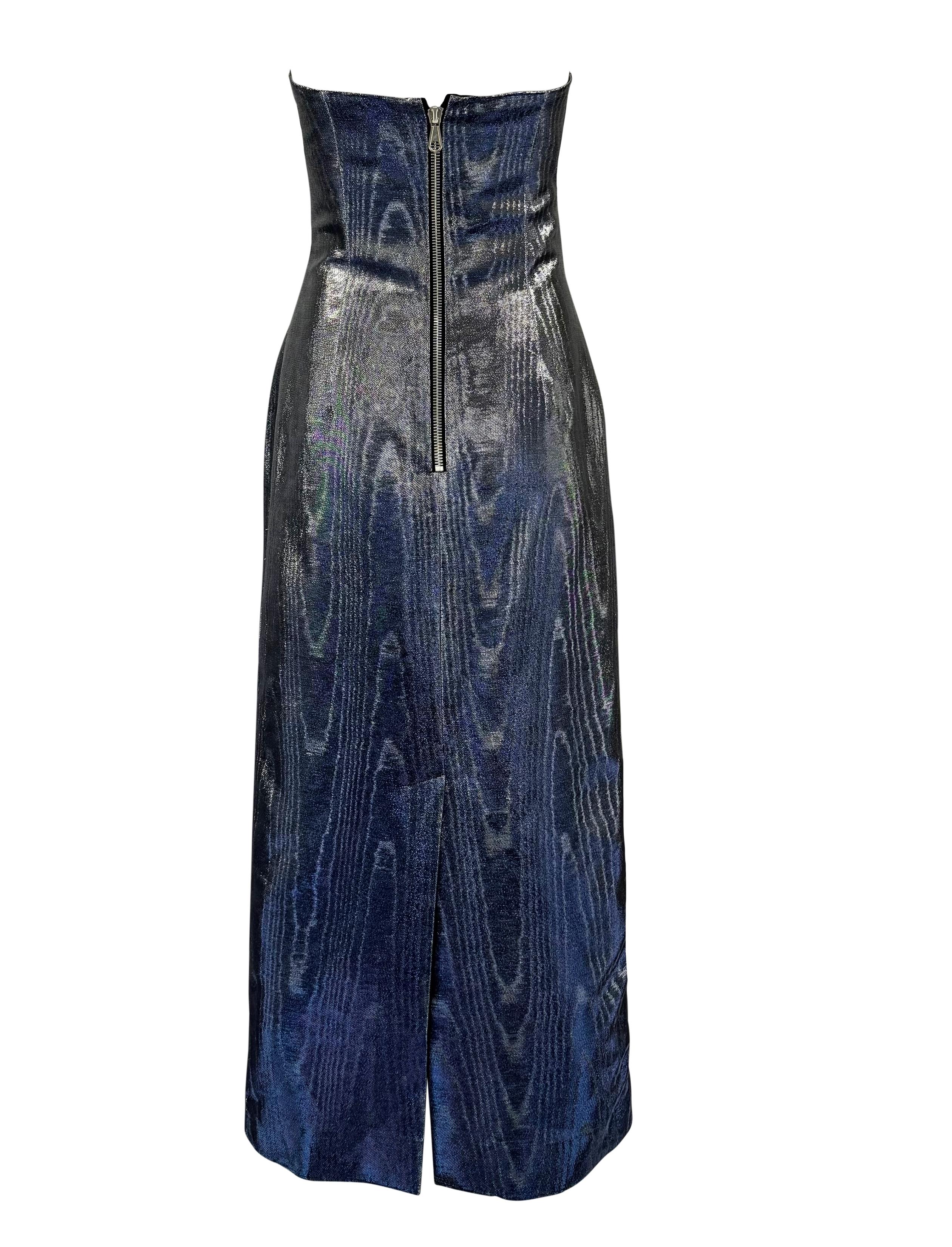 Donna A/I 2001 Chloé by Stella McCartney Vestito senza spalline in moiré metallizzato blu argento in vendita