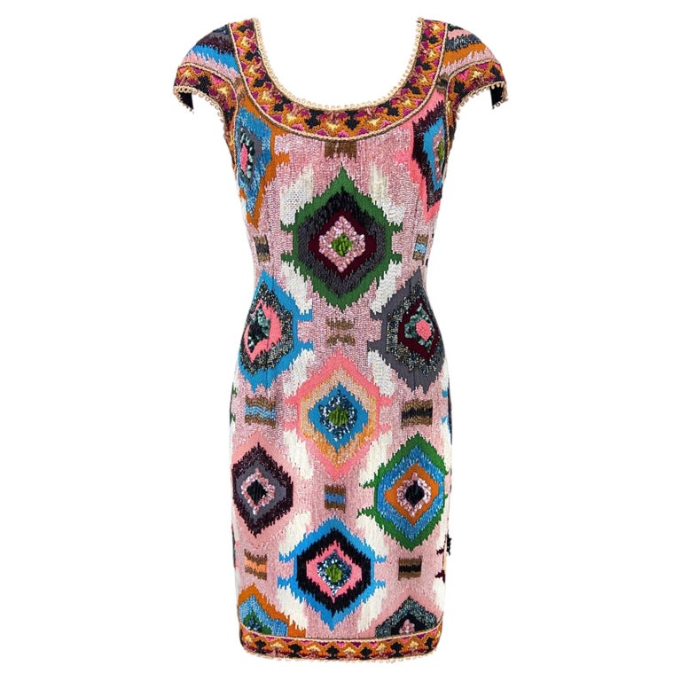 F/W 1991 Valentino Garavani Runway Pink Heavily Beaded Ikat Dress 8