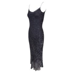 1990s Calvin Klein Collection Navy Sequin Sheer Chiffon Slip Dress