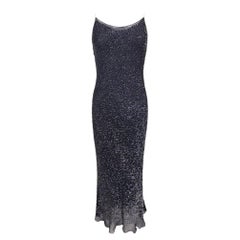 1990s Calvin Klein Collection Navy Sequin Sheer Chiffon Slip Dress