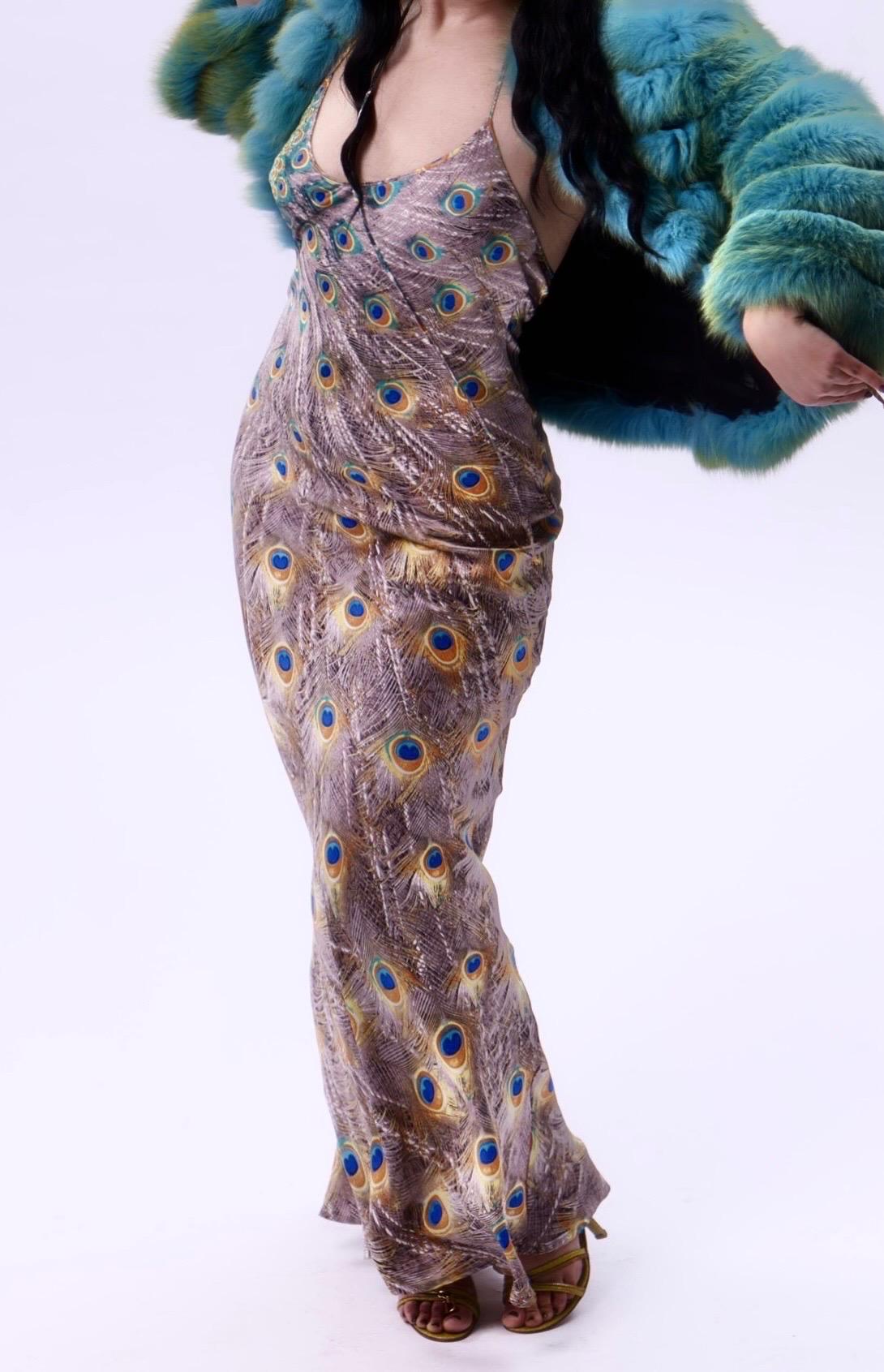 Roberto Cavalli Fall 1999 Peacock Print Bias Cut Silk Gown  For Sale 2