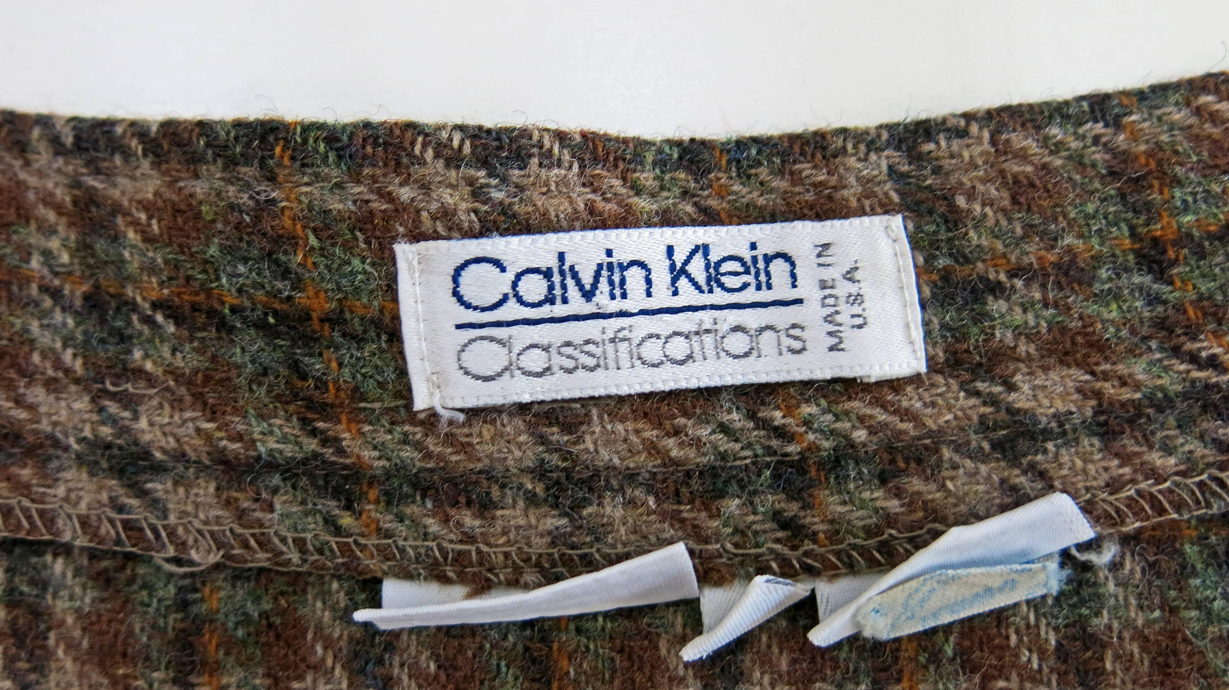 1980s Calvin Klein Brown Plaid Wool Wrap Skirt For Sale 5