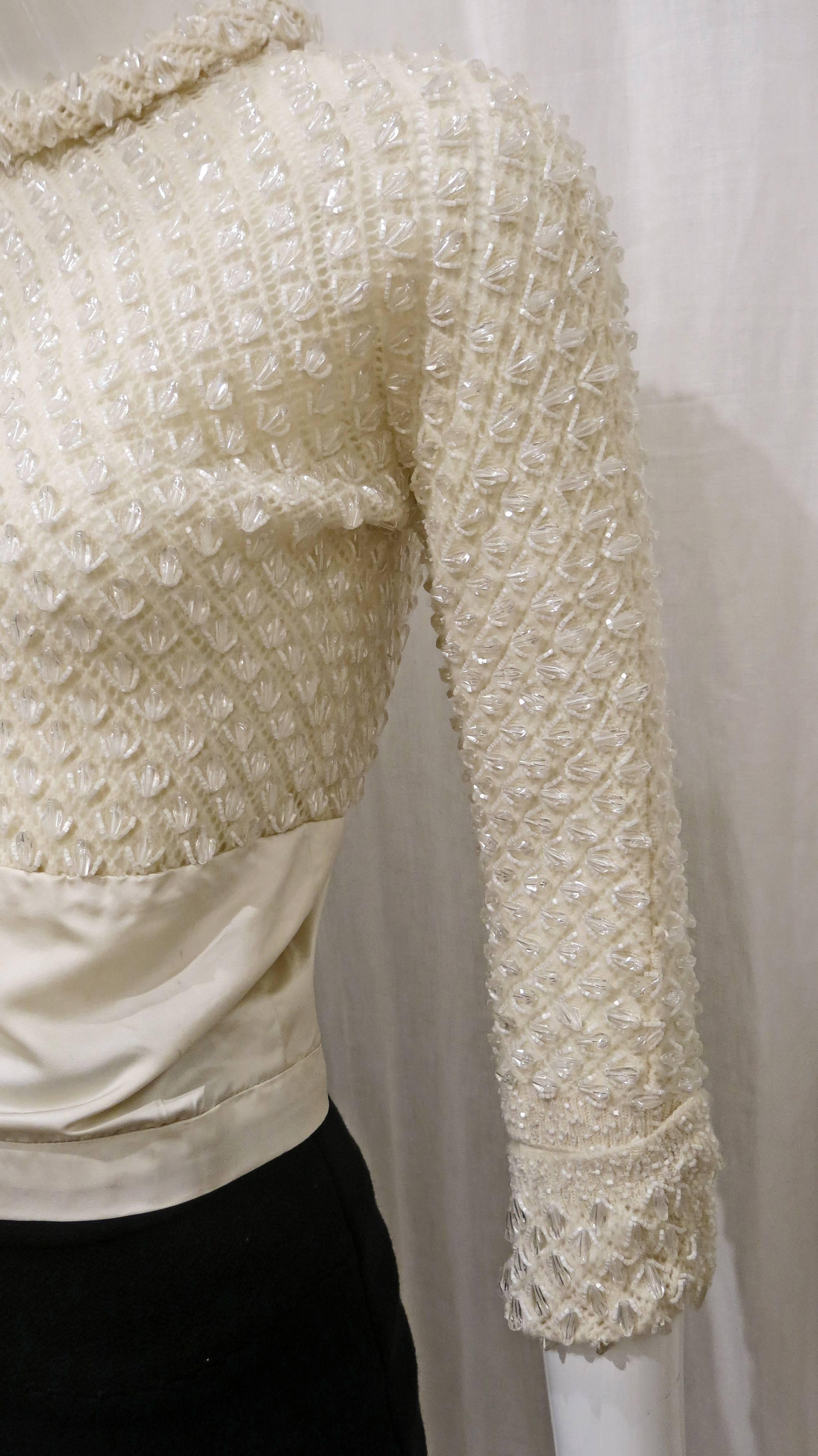 Women's or Men's 1960s Cream Knit Beaded Long Sleeve Top