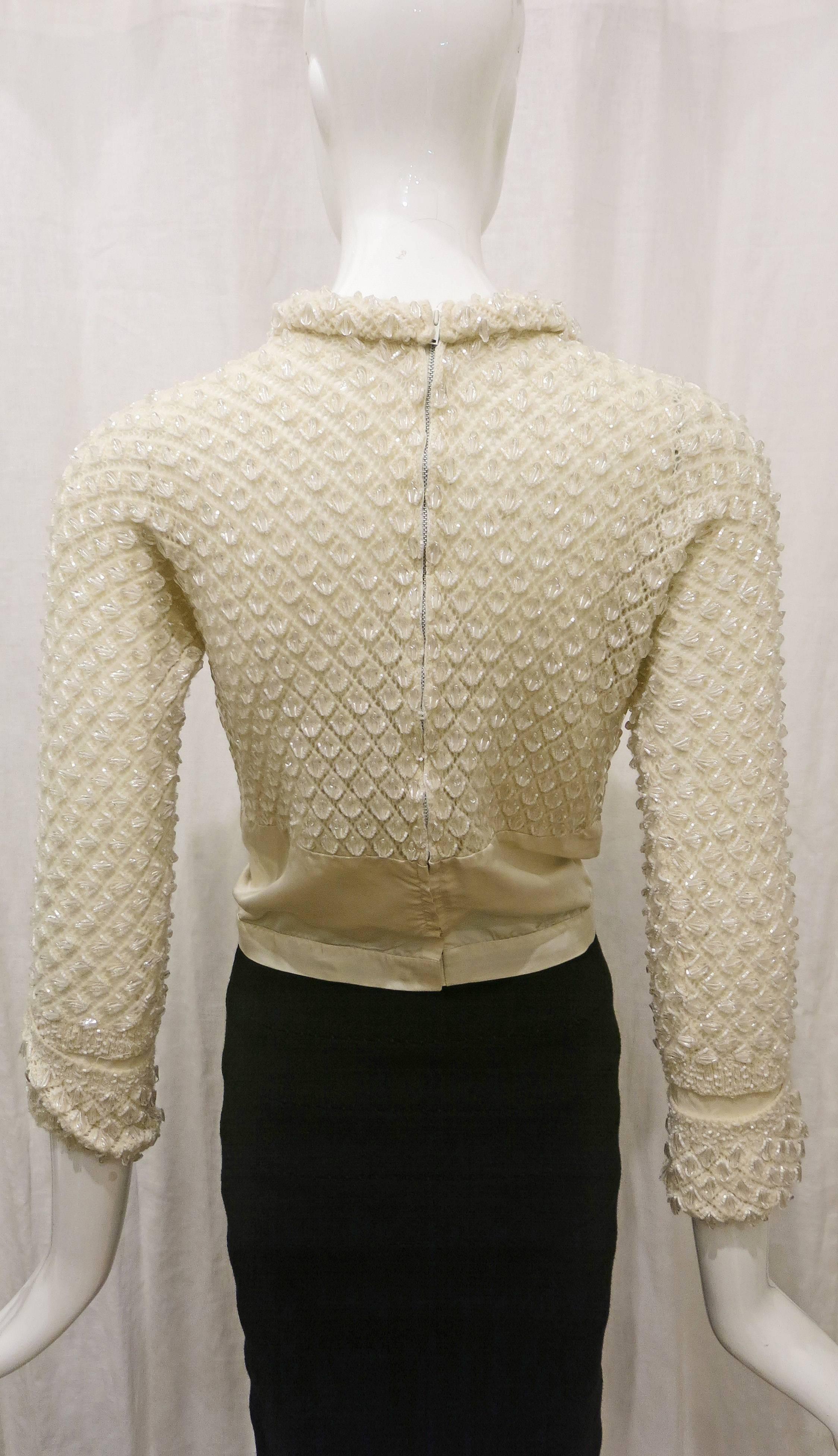 Beige 1960s Cream Knit Beaded Long Sleeve Top