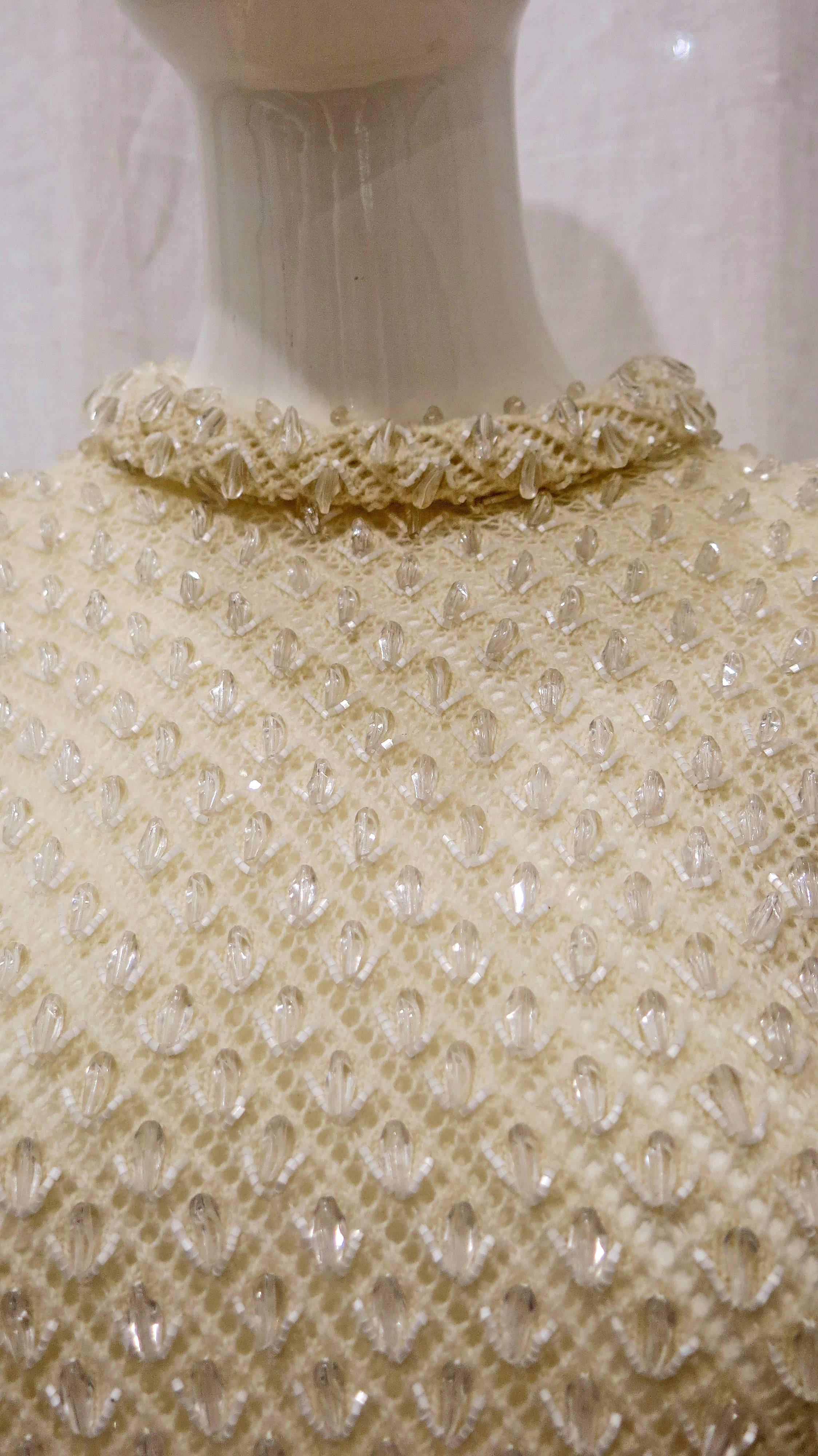 1960s Cream Knit Beaded Long Sleeve Top In Excellent Condition In Brooklyn, NY