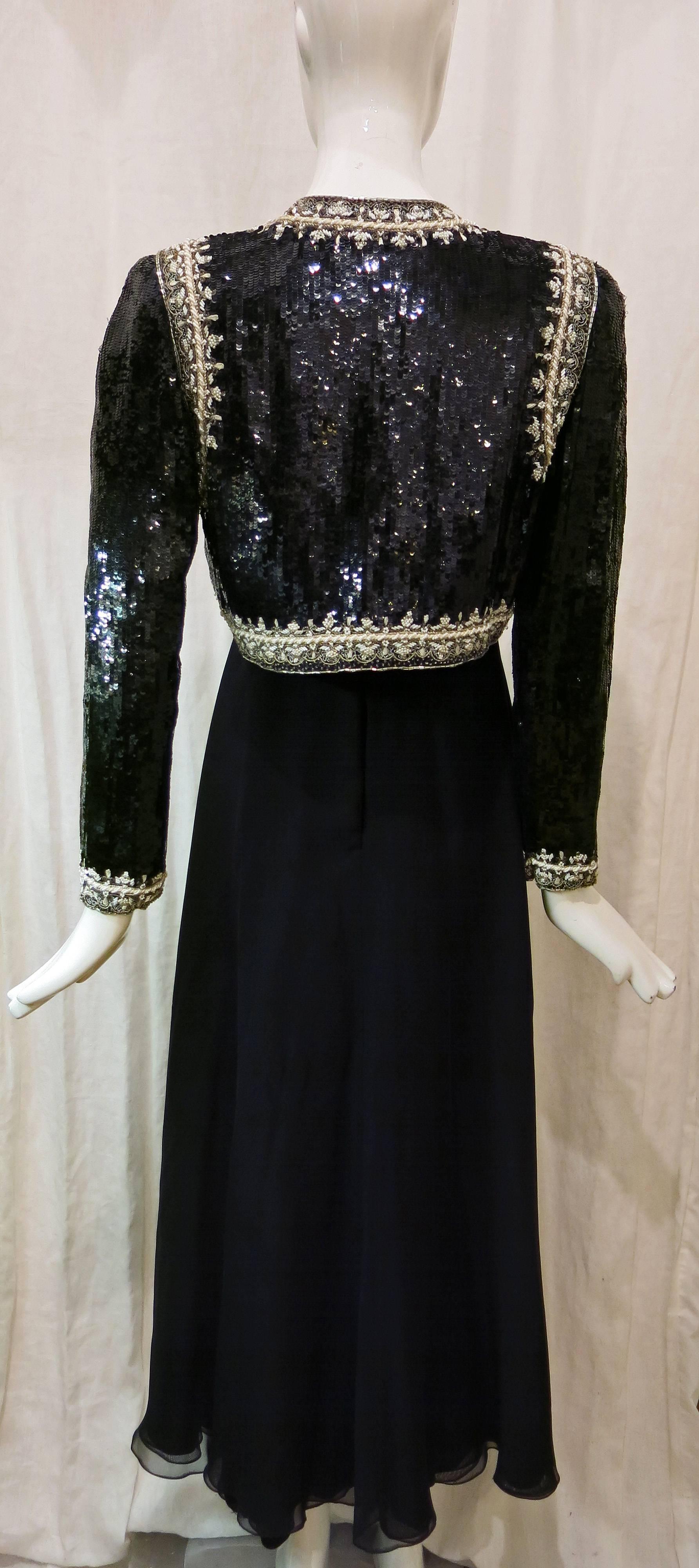 Black Richilene Sequin and Satin Jacket and Dress Set, 1980s  For Sale
