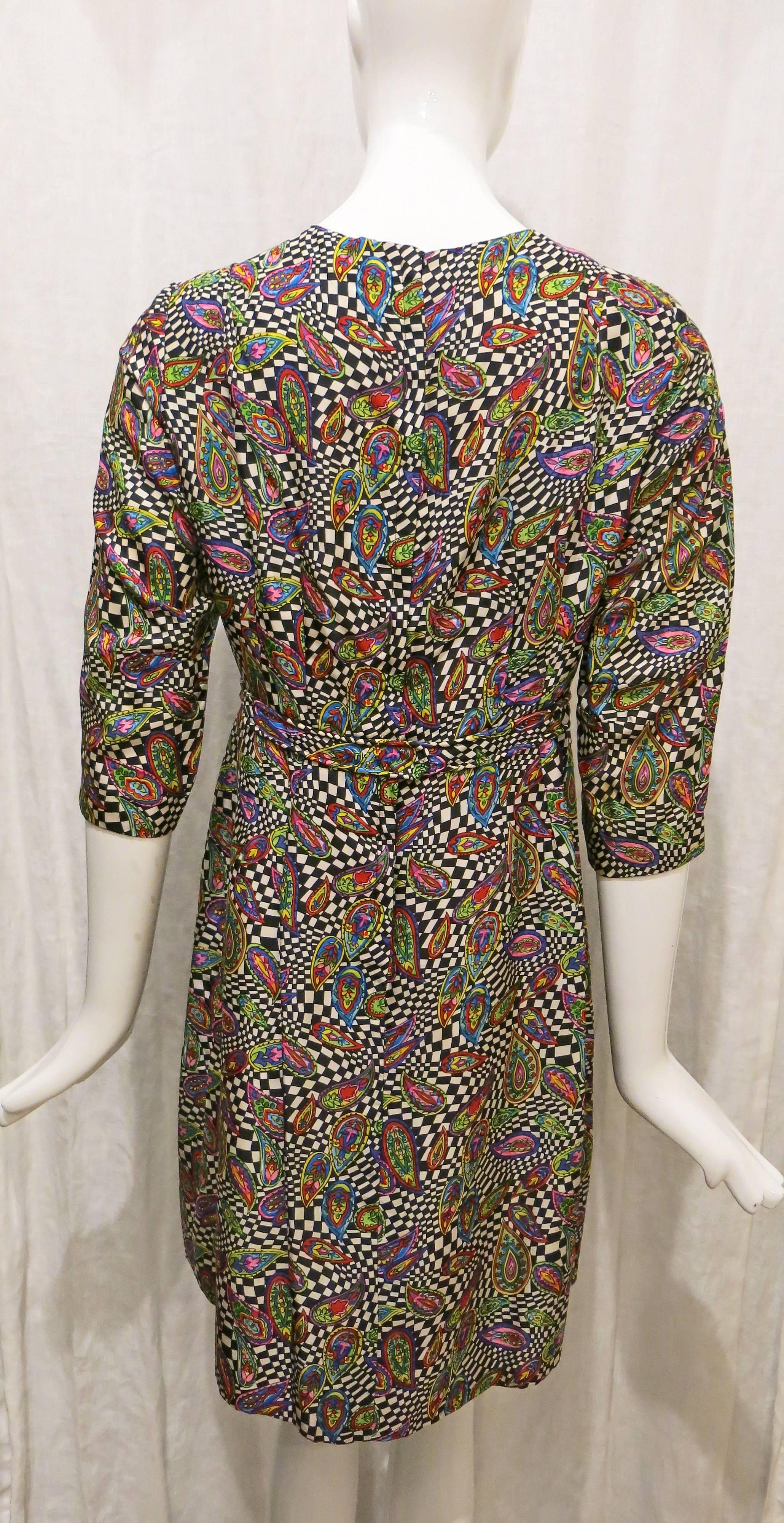 Black 1960s Handmade Mod Optic Print Silk Dress