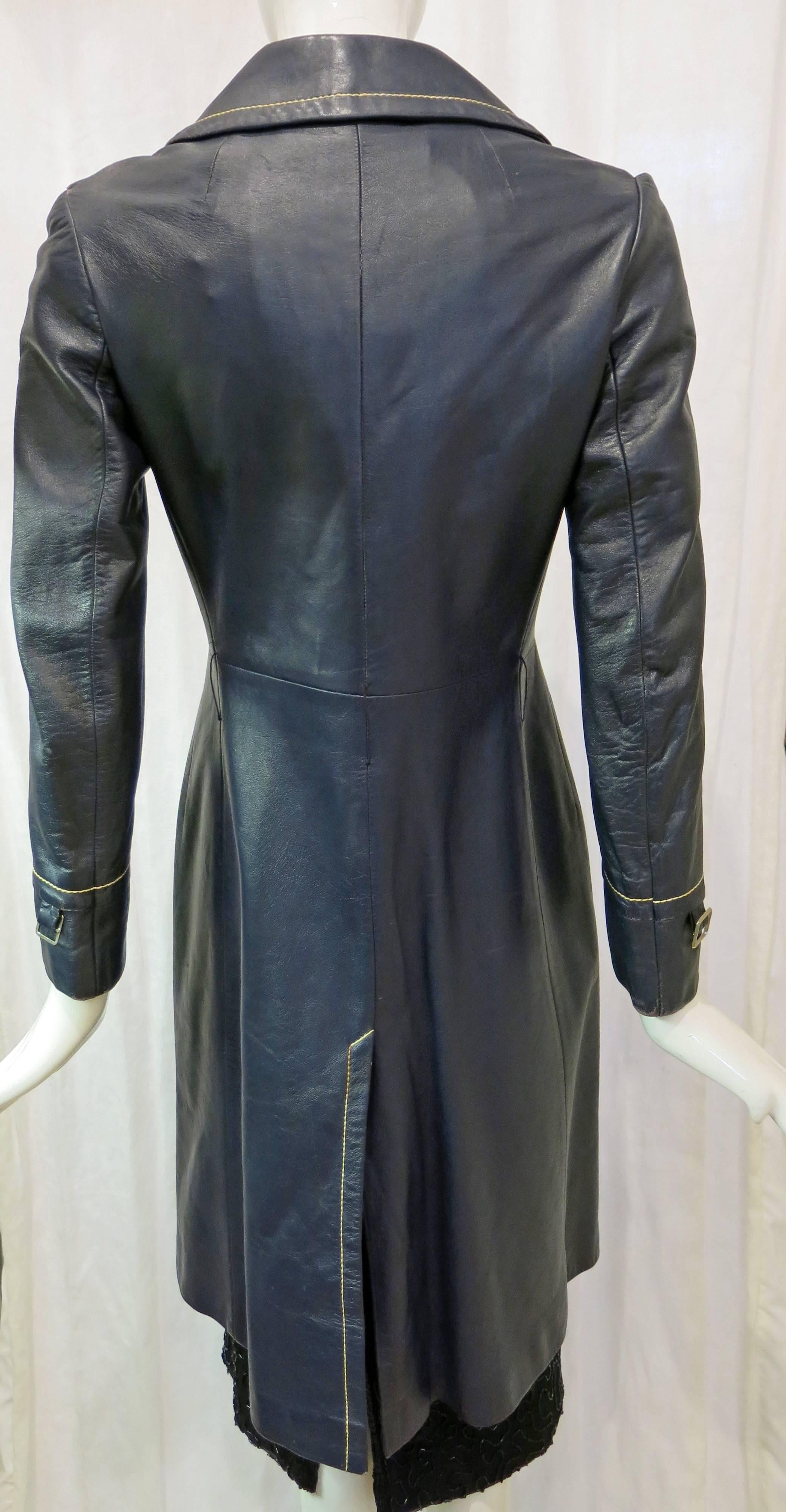 Black 1970s Navy Leather Contrast Stitch Trench Coat For Sale