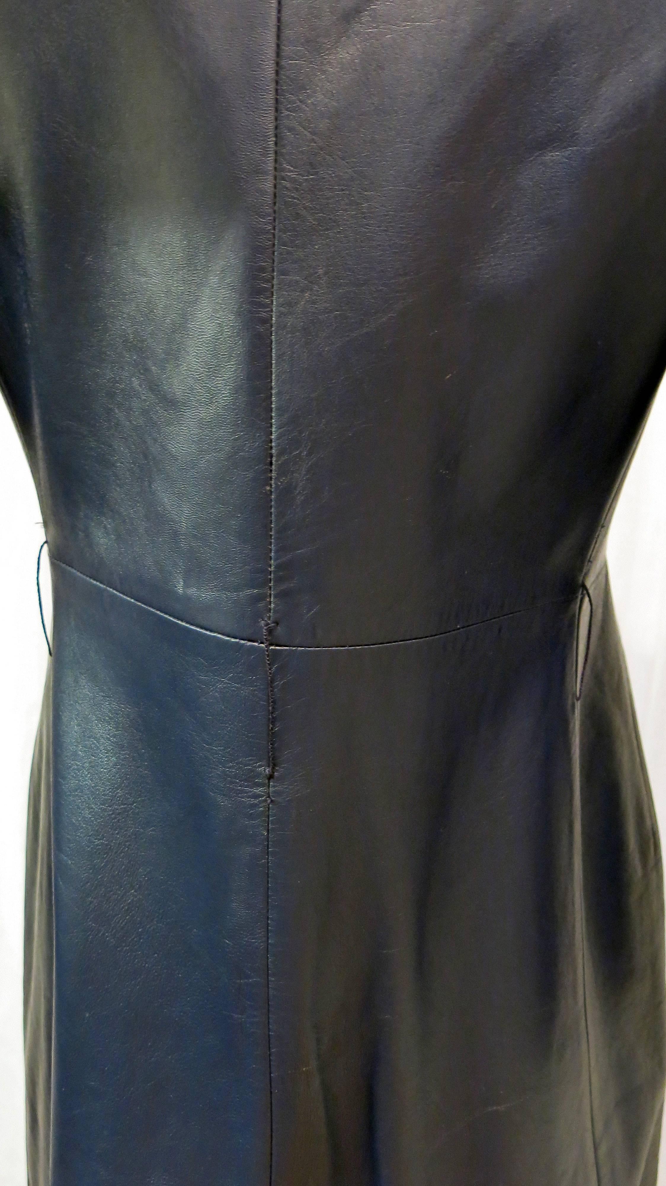 1970s Navy Leather Contrast Stitch Trench Coat For Sale 2