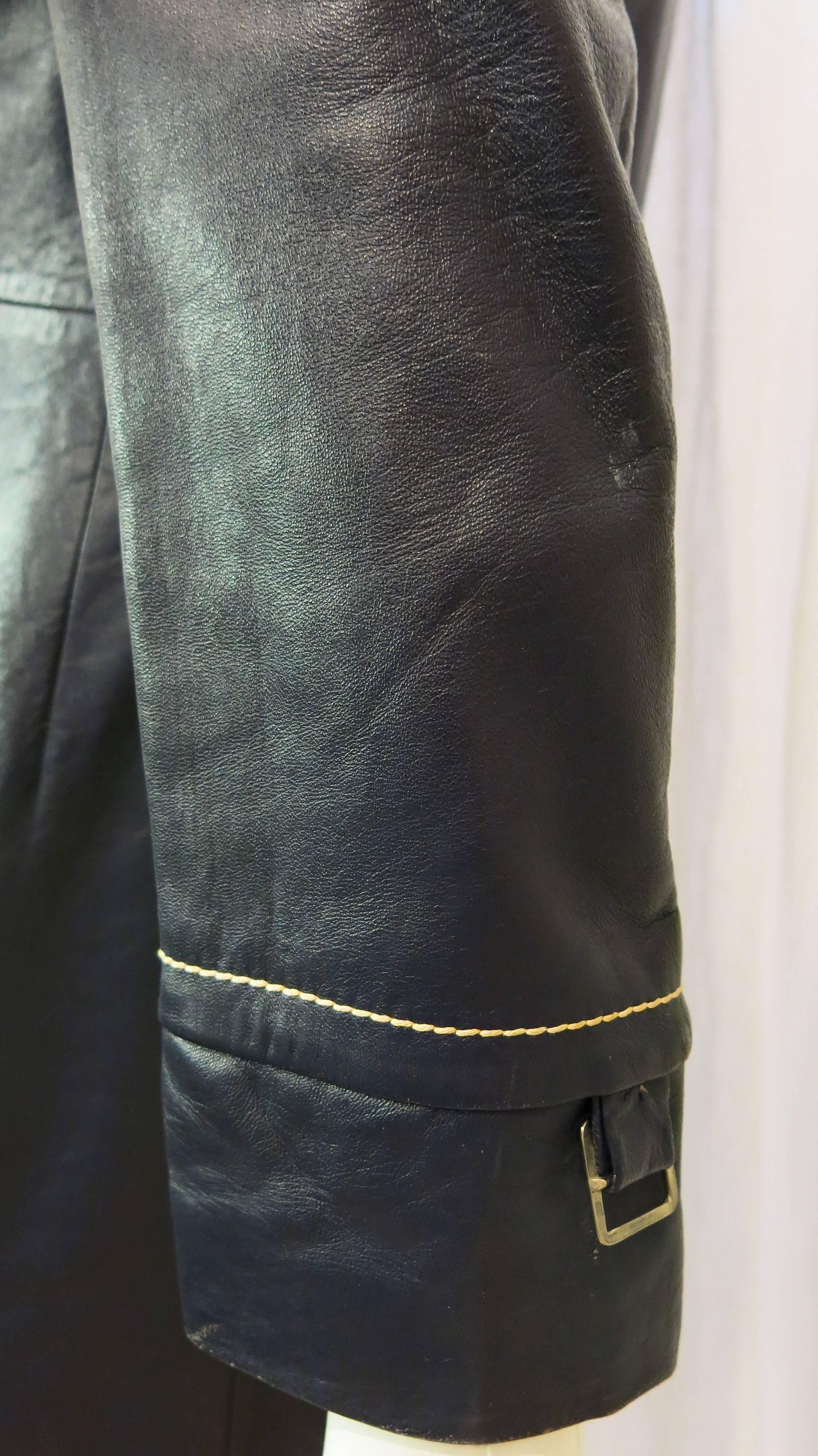 1970s Navy Leather Contrast Stitch Trench Coat For Sale 1