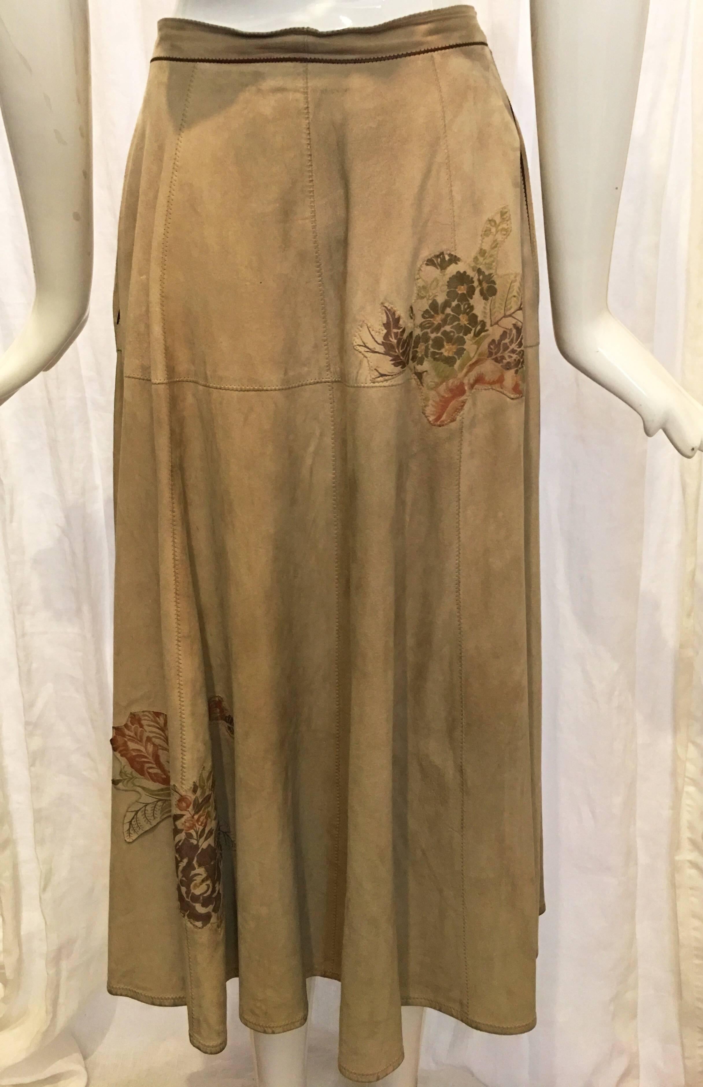 Brown Roberto Cavalli Floral Suede Skirt, 1970s  For Sale