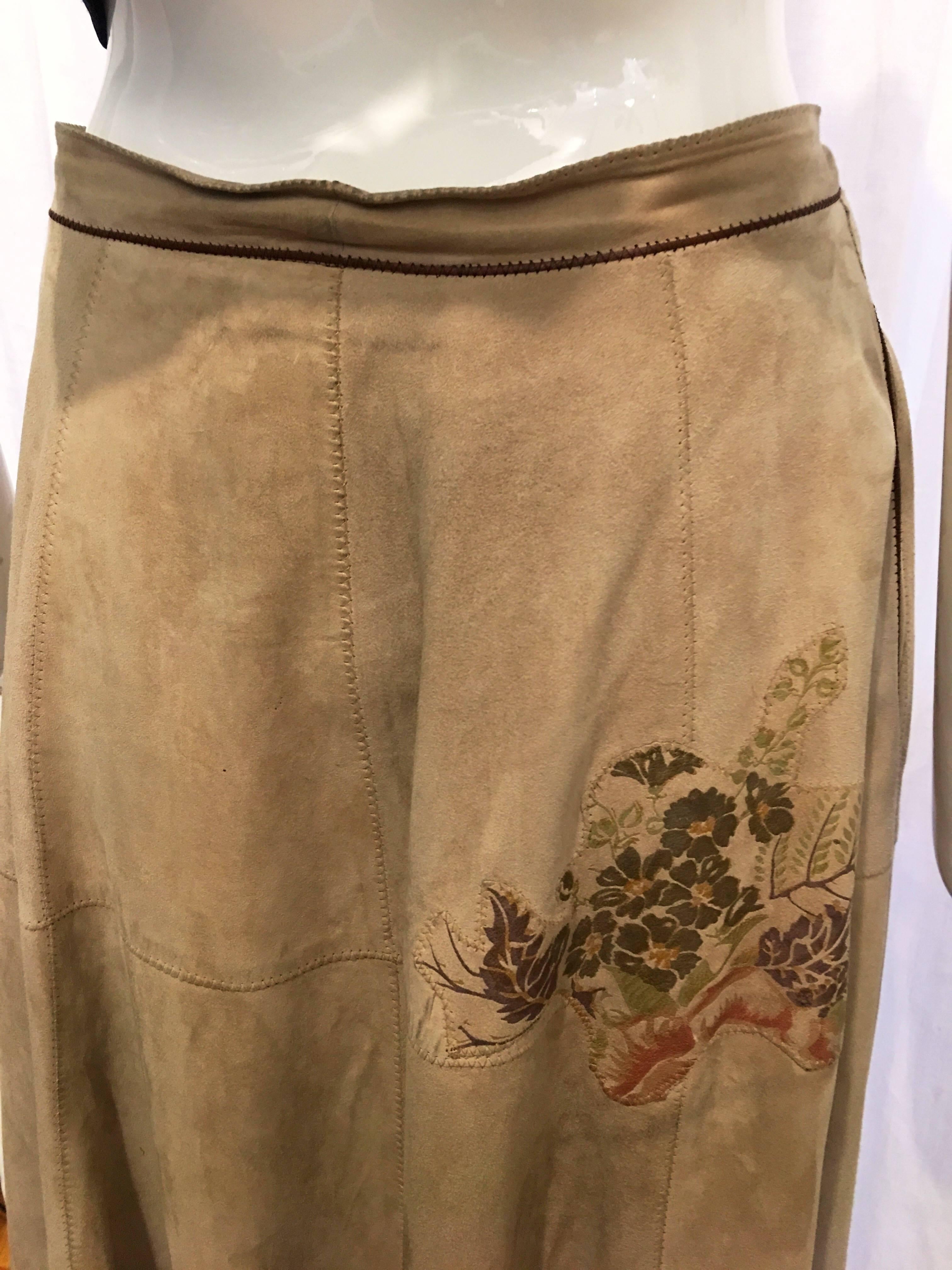Roberto Cavalli Floral Suede Skirt, 1970s  For Sale 1