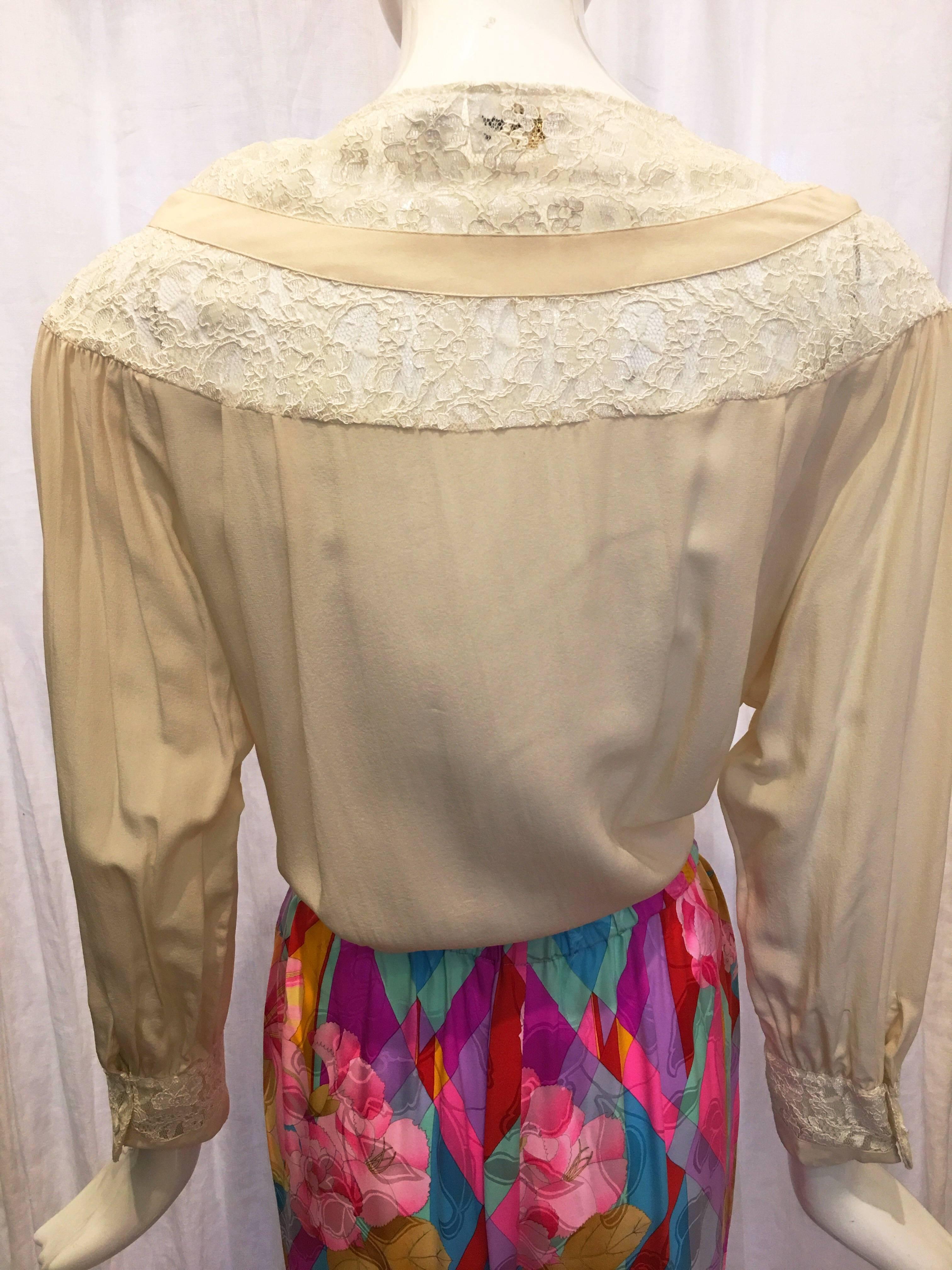 Beige 1990s Oleg Cassini Cream Silk Blouse with Lace For Sale