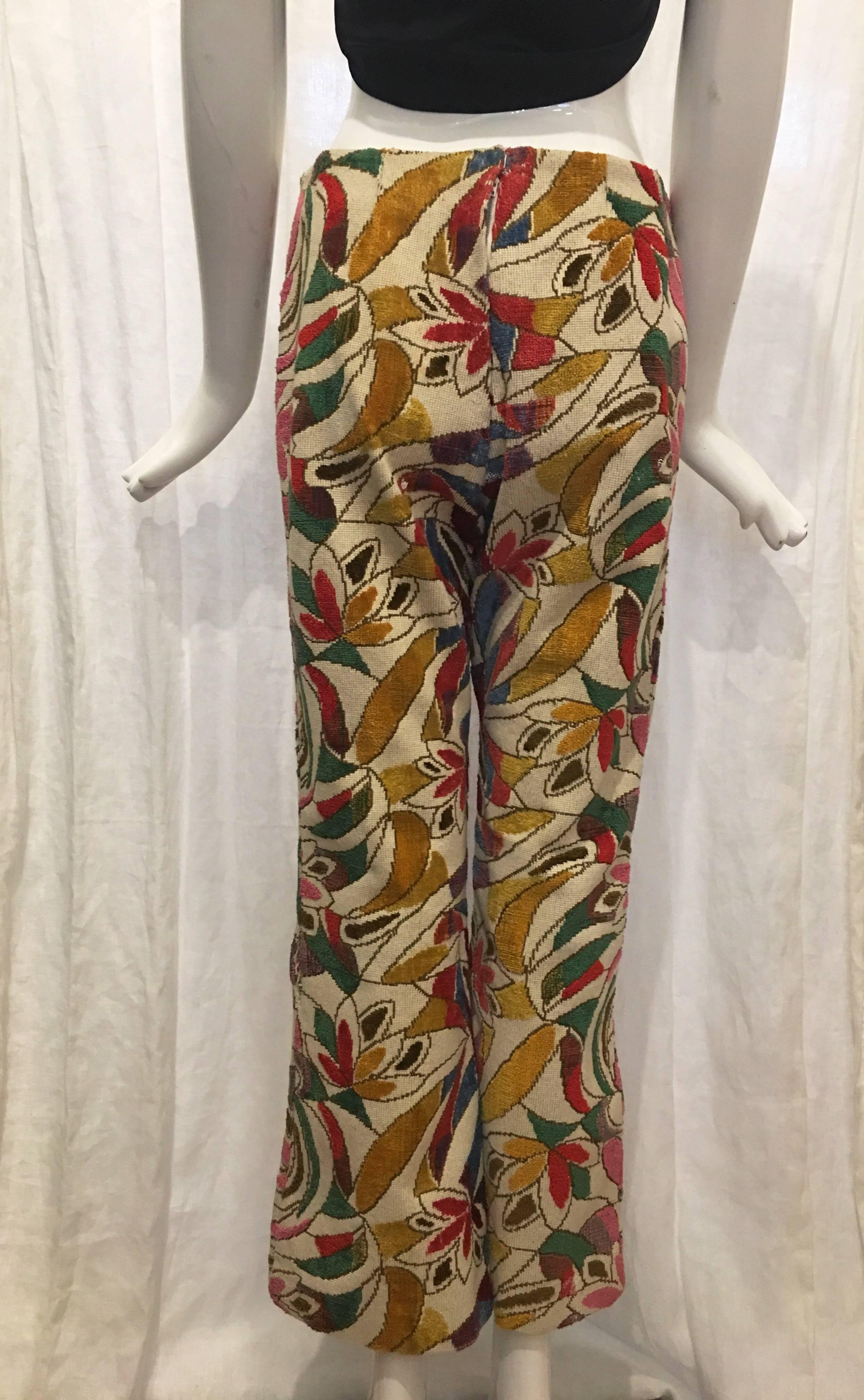 1970s Multicolor Floral Flared “Carpet” Pants In Excellent Condition In Brooklyn, NY