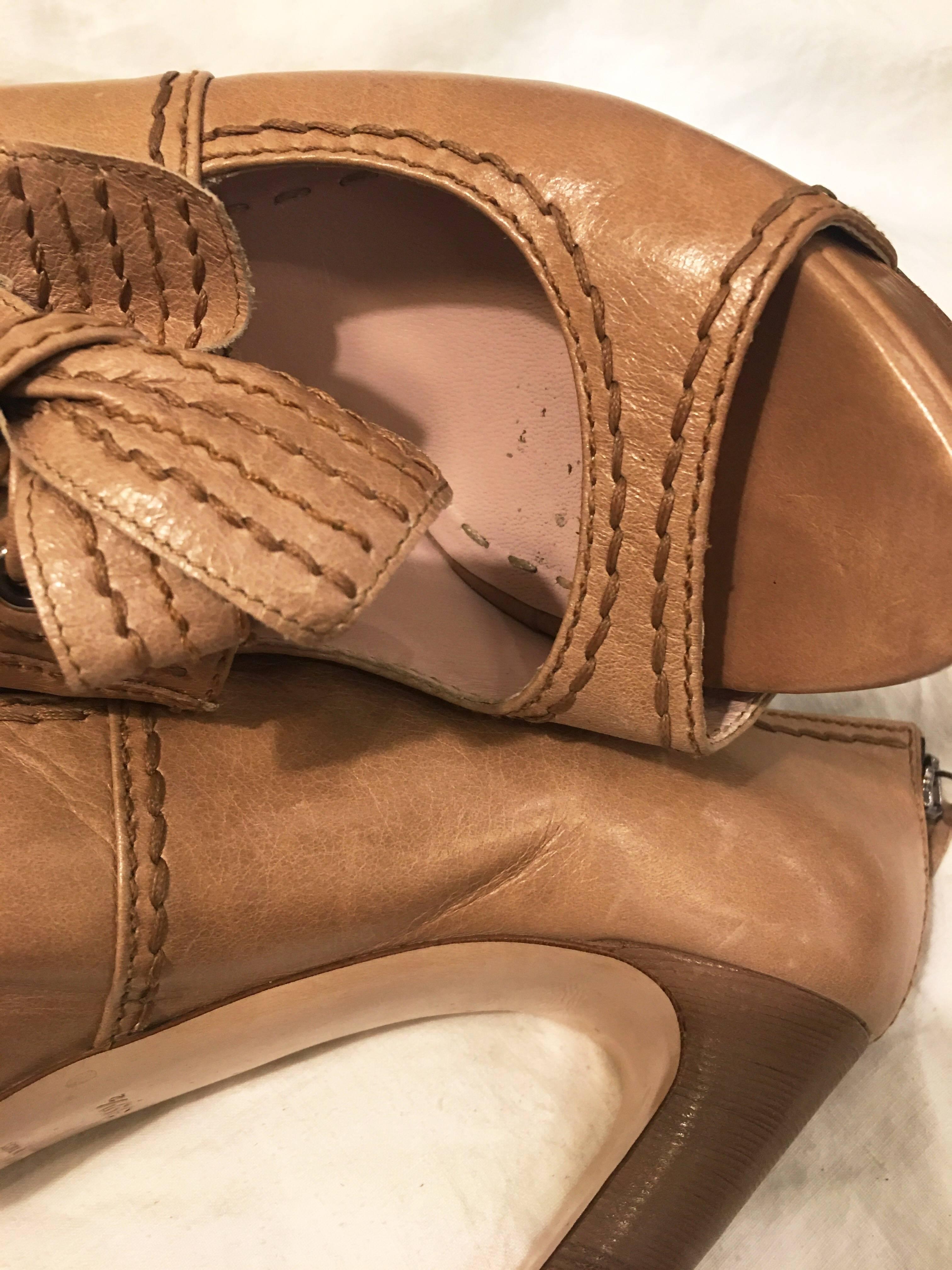 Miu Miu Beige “Mary Jane” Open Toe with Bow Pumps In Excellent Condition For Sale In Brooklyn, NY