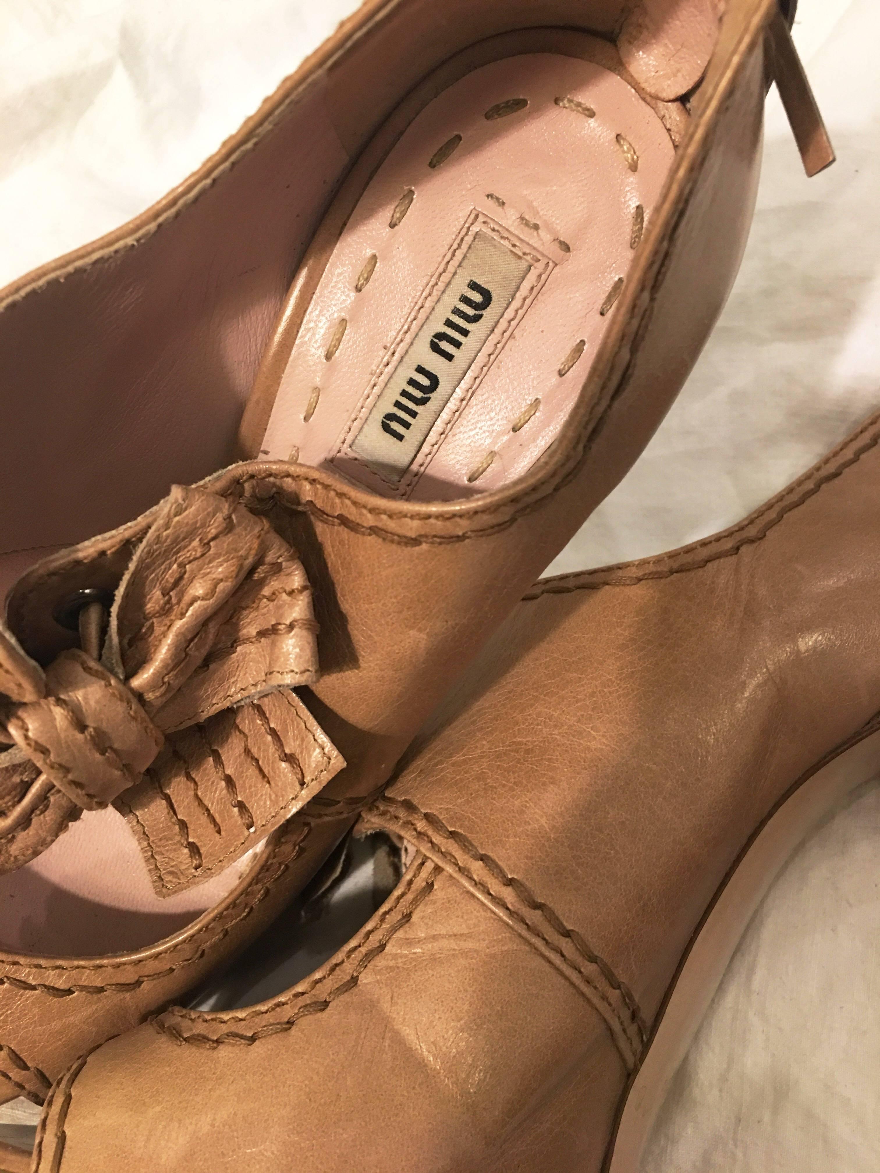 Miu Miu Beige “Mary Jane” Open Toe with Bow Pumps For Sale 3