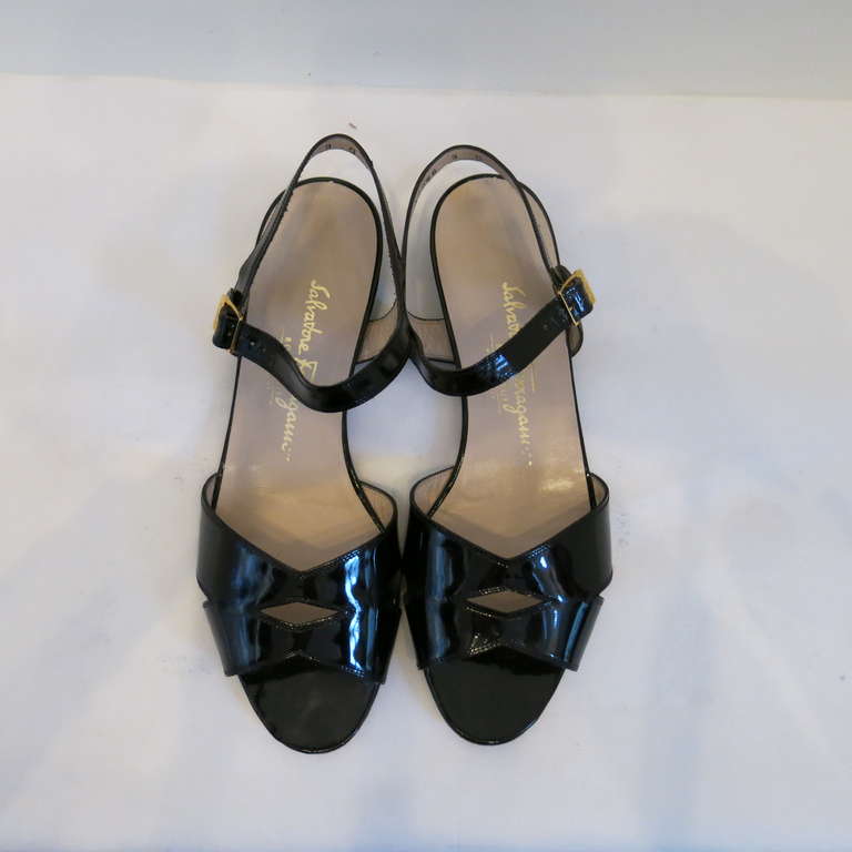 Salvatore Ferragamo Black Patent Open Toe Sandals w/ Ankle Strap Size 9 ...
