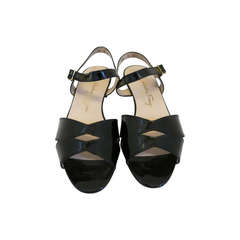 Vintage Salvatore Ferragamo Black Patent Open Toe Sandals w/ Ankle Strap Size 9 B