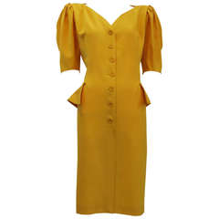 1980s Emanuel Ungaro Mustard Yellow Peplum Shirt Dress w/ Puff Sleeves