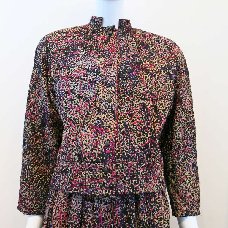 1980s Marimekko Quilted Jacket and Culottes w/ Paint Splash over Cheetah Print 1