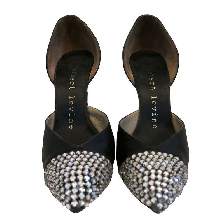1960s Herbert Levine Black Satin Pumps w/ Rhinestone Cap Toe