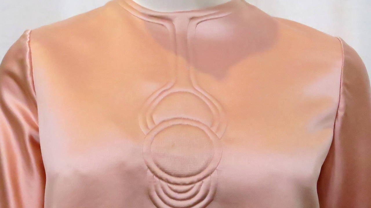 Beige 1969 Pierre Cardin Pink Satin Mini Dress with Circle Motif For Sale