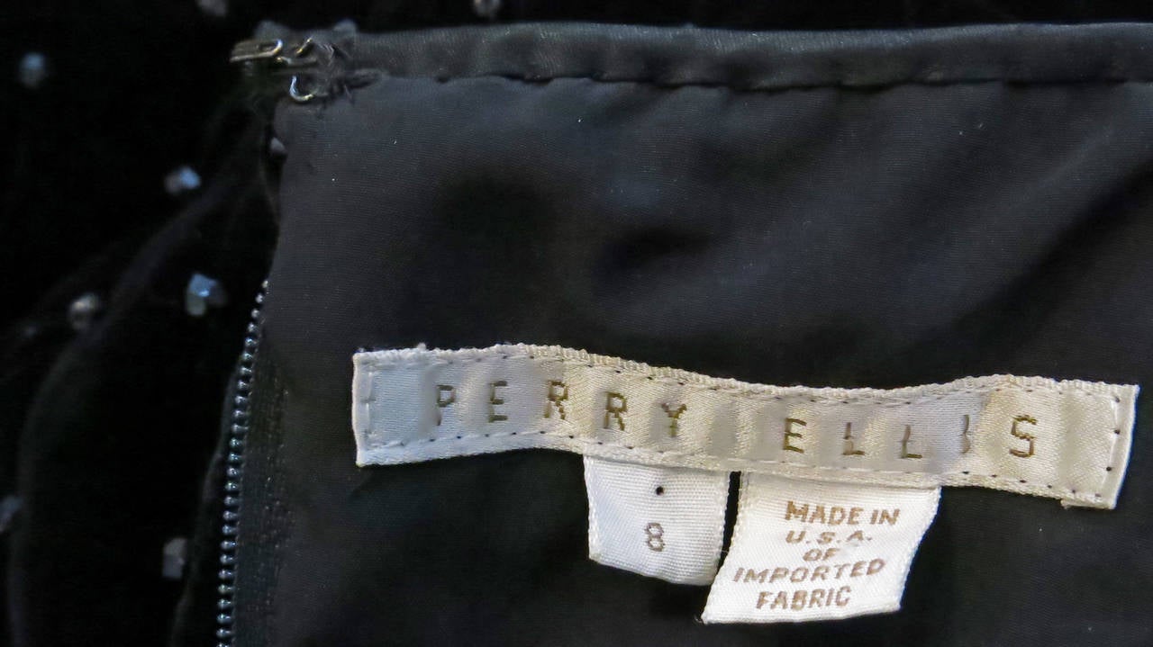 1980s Perry Ellis Quilted Black Velvet Strapless Mini Dress For Sale 2