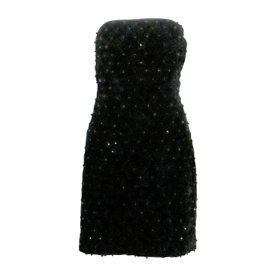 1980s Perry Ellis Quilted Black Velvet Strapless Mini Dress For Sale
